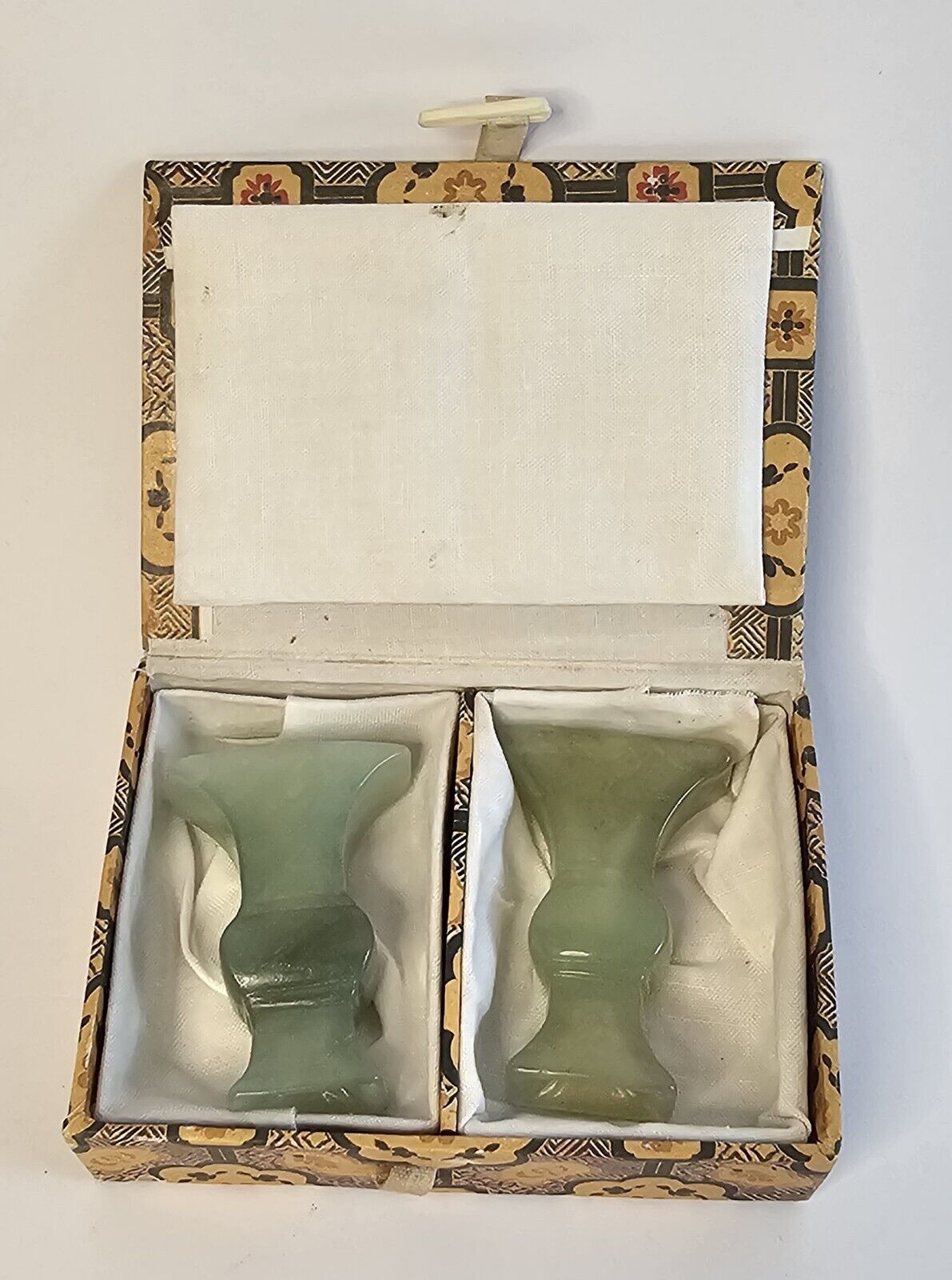 Vintage Pair of Chinese Hand Carved Miniature Jade Vases in Fabric Box