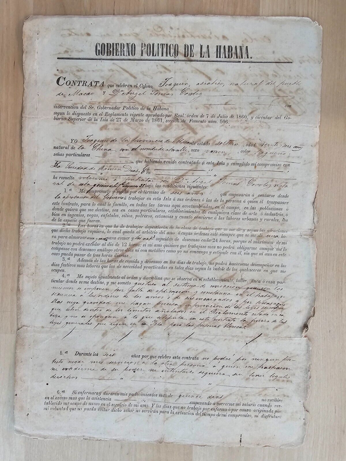 ANTIQUE 1861 CHINA CHINESE SLAVES HAVANA CUBA CONTRACT DOCUMENT SIGNED