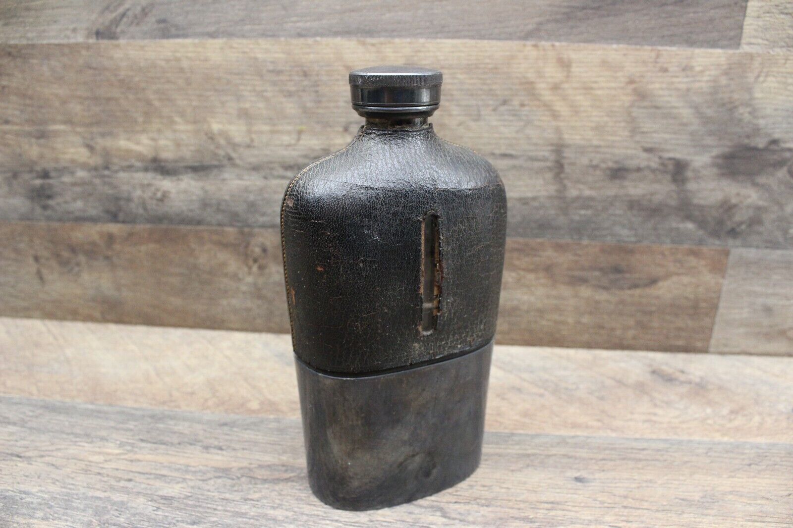 Vtg James Dixon & Sons Leather Wrapped Glass Flask W/ Base Cup