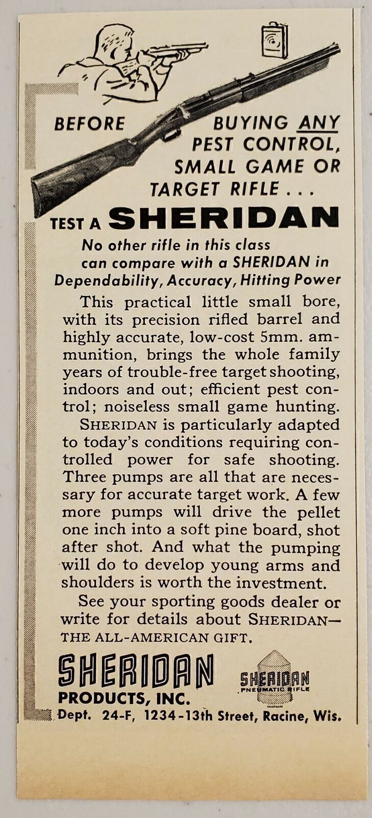 1964 Print Ad Sheridan Small Bore Rifles 5mm Ammunition Racine,Wisconsin
