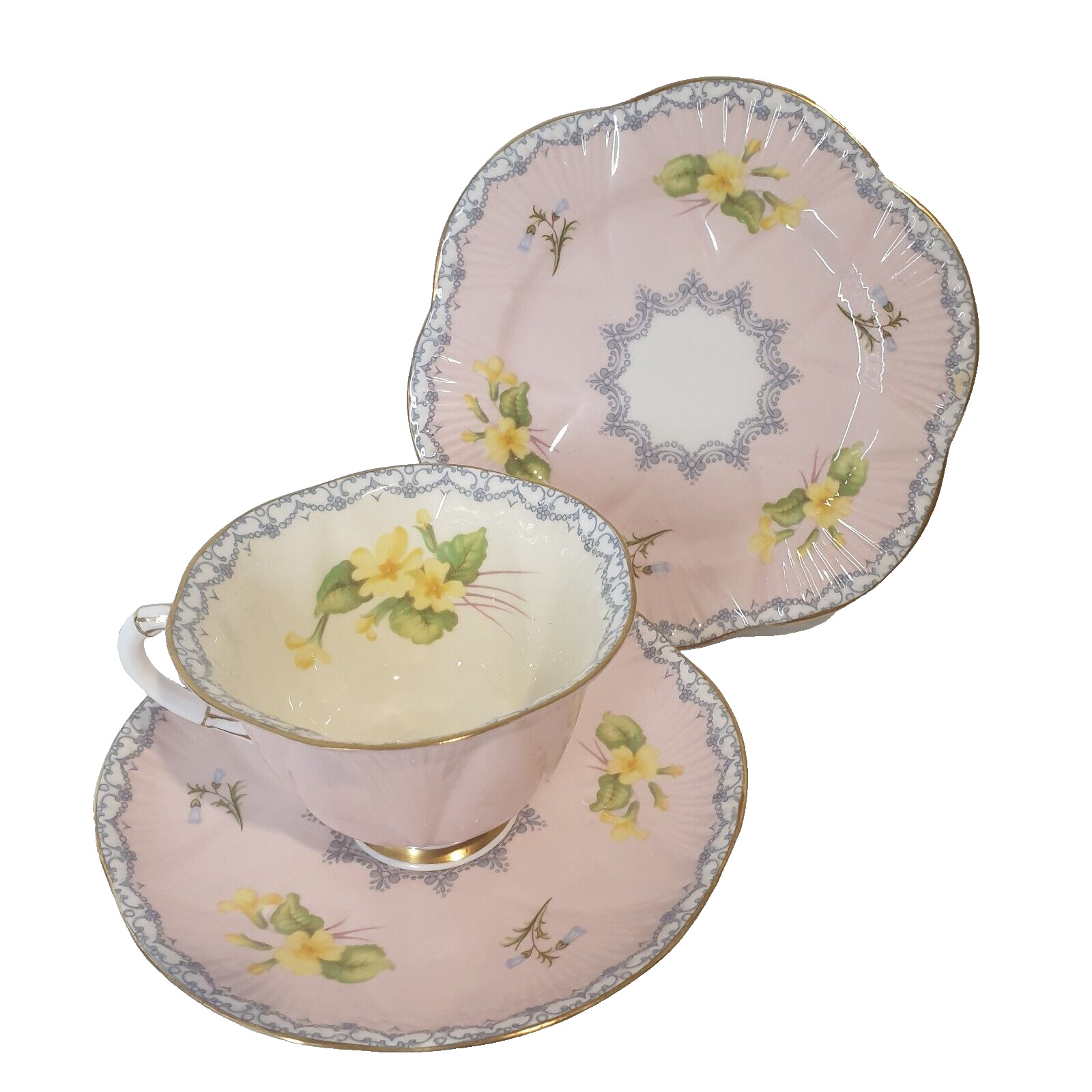 Shelley 1950s Dainty Primrose Mauve Footed Tea Cup, Saucer and Plate 3 Pieces