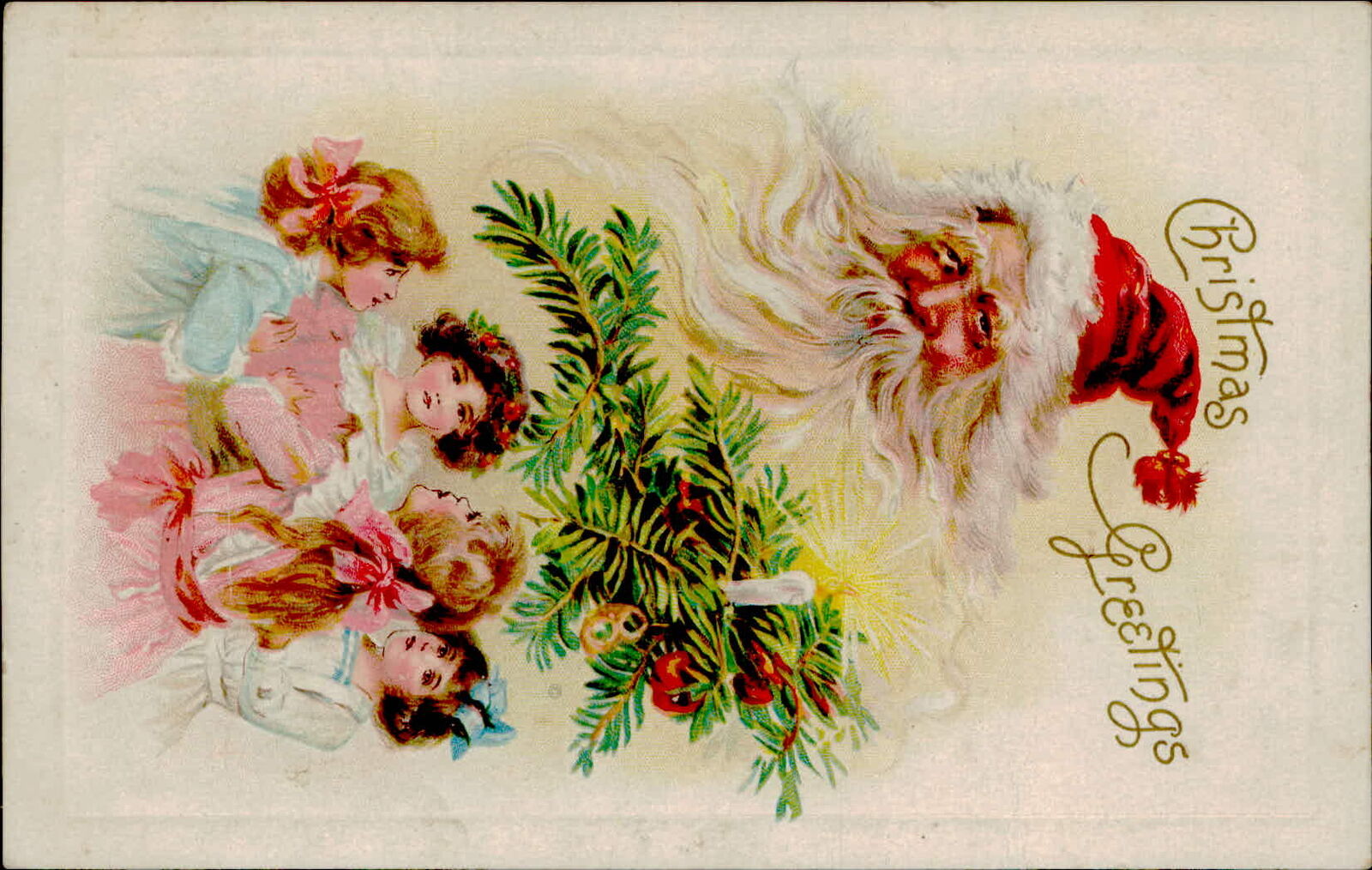 Postcard: Santa with Young Ladies Christmas Greetings c.1910