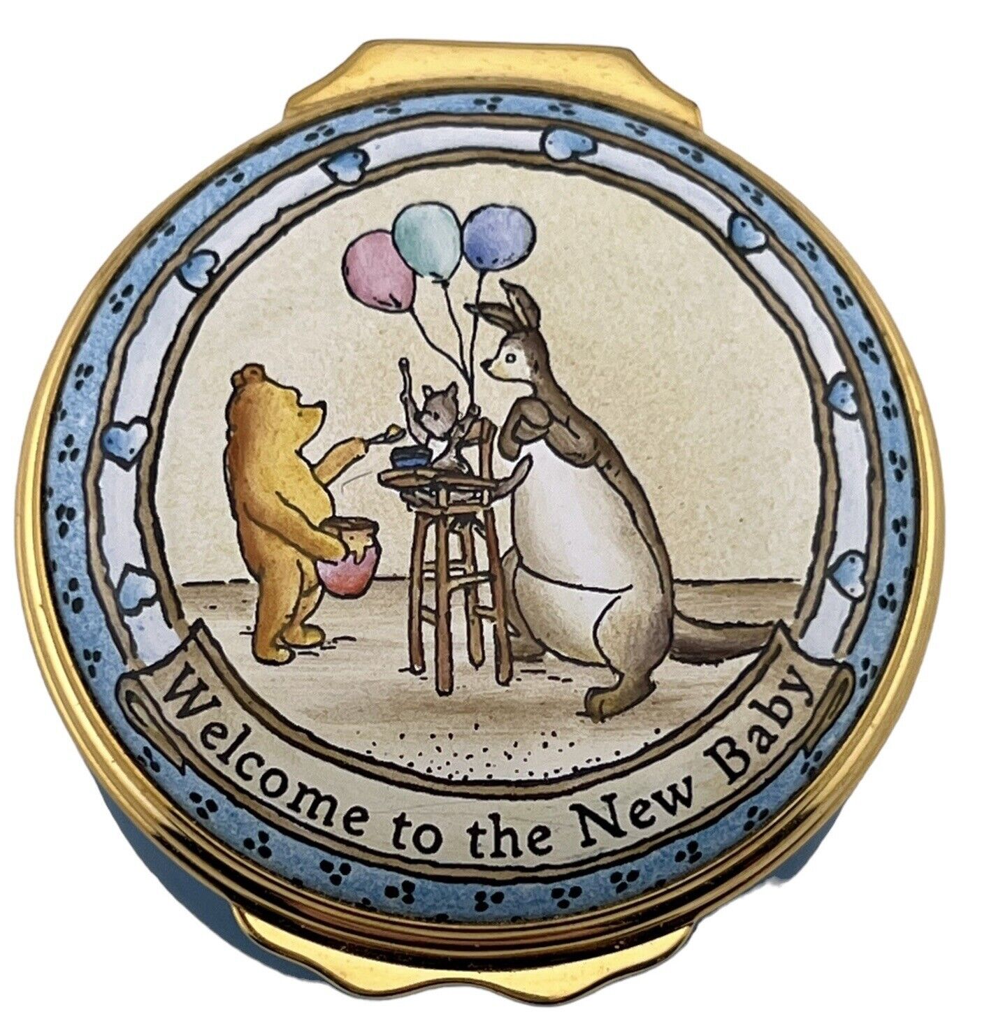 Rare Halcyon Days Enamel Box Pooh & Kanga Welcome To The New Baby Disney 1.5”