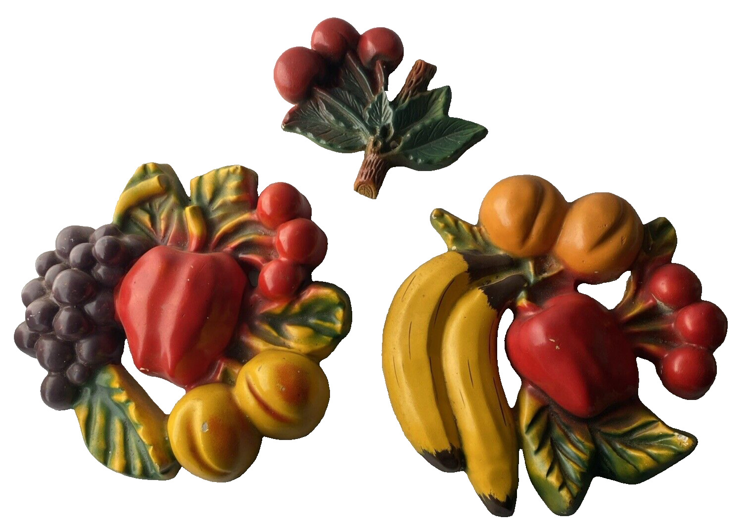 3-1950’s Mid Century Chalkware Wall Hanging Plaque Mixed Fruit Clusters