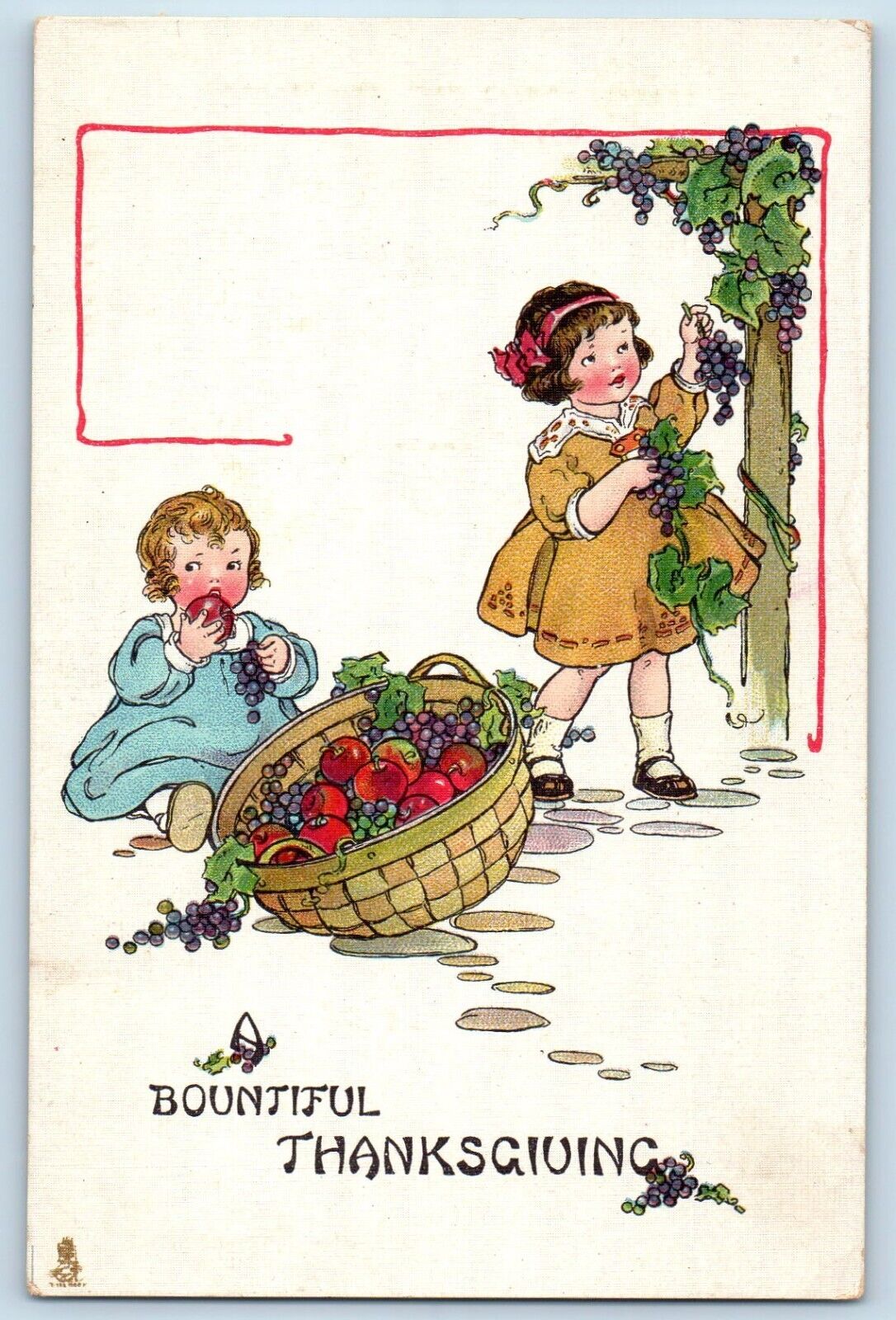 Thanksgiving Postcard Bountiful Little Girls Harvesting Grapes Tuck c1910's