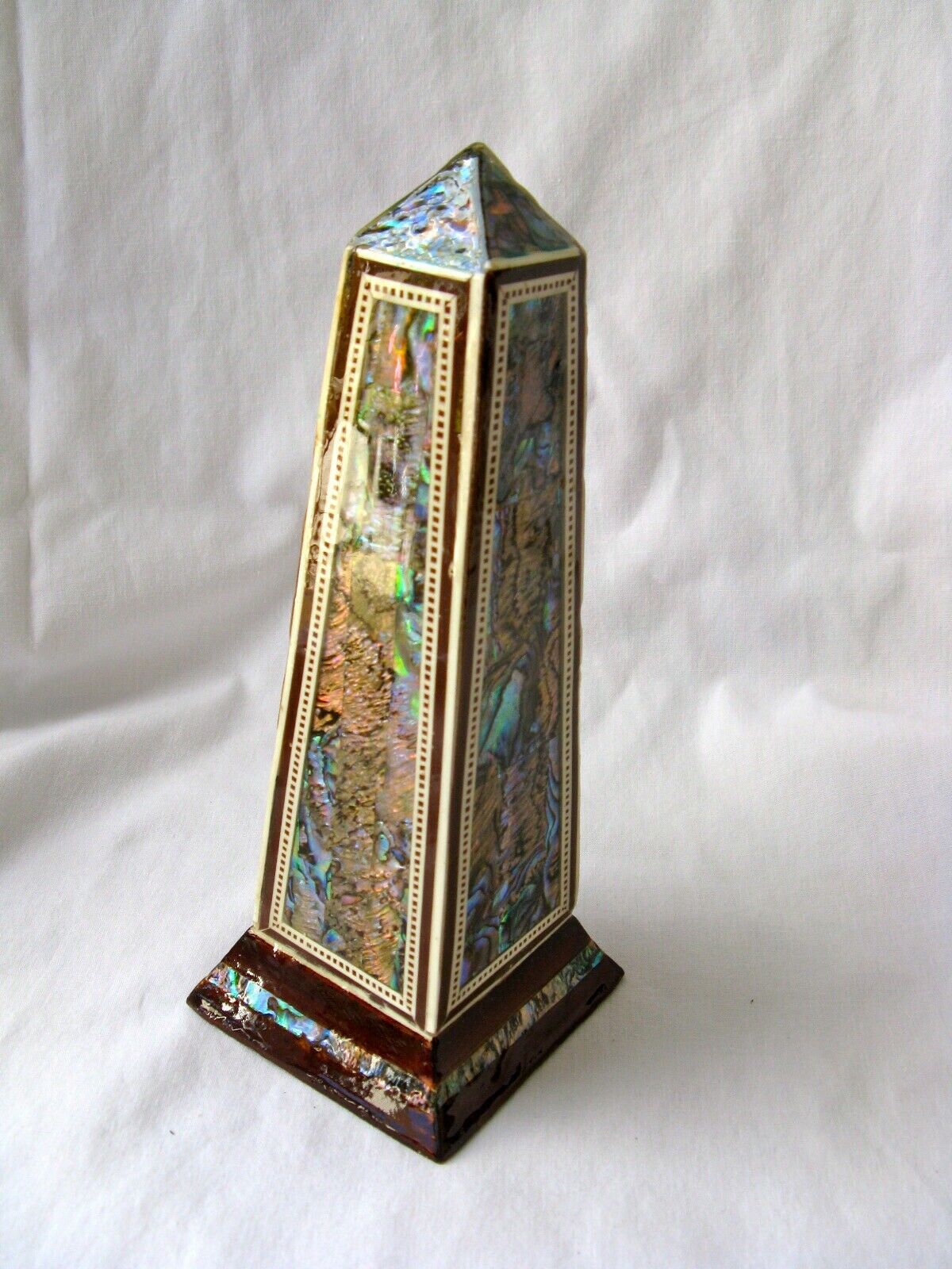 Egyptian Wooden Obelisk Inlaid Paua Shell Handmade 6.5\