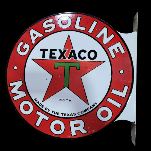 TEXACO GASOLINE PORCELAIN ENAMEL SIGN 18X20 INCHES DOUBLE SIDED WITH FLANGE