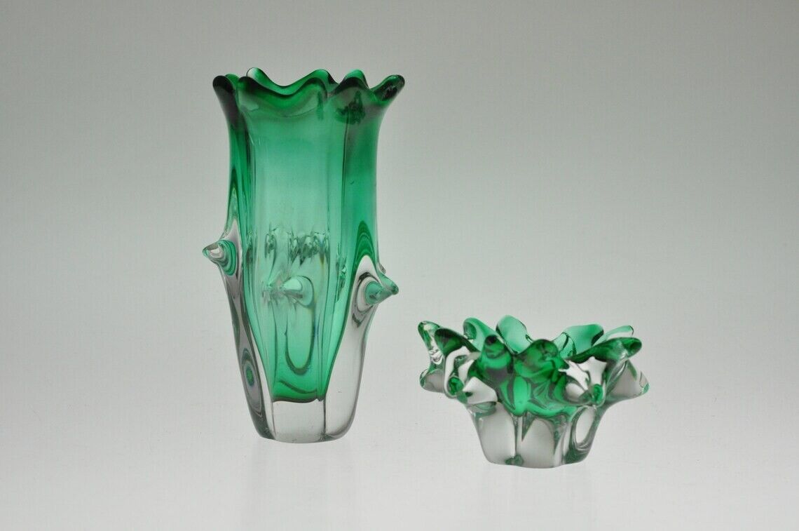 Jaroslav Taraba Lednicke Rovne Glass Vase and Ashtray, Art Glass Vase