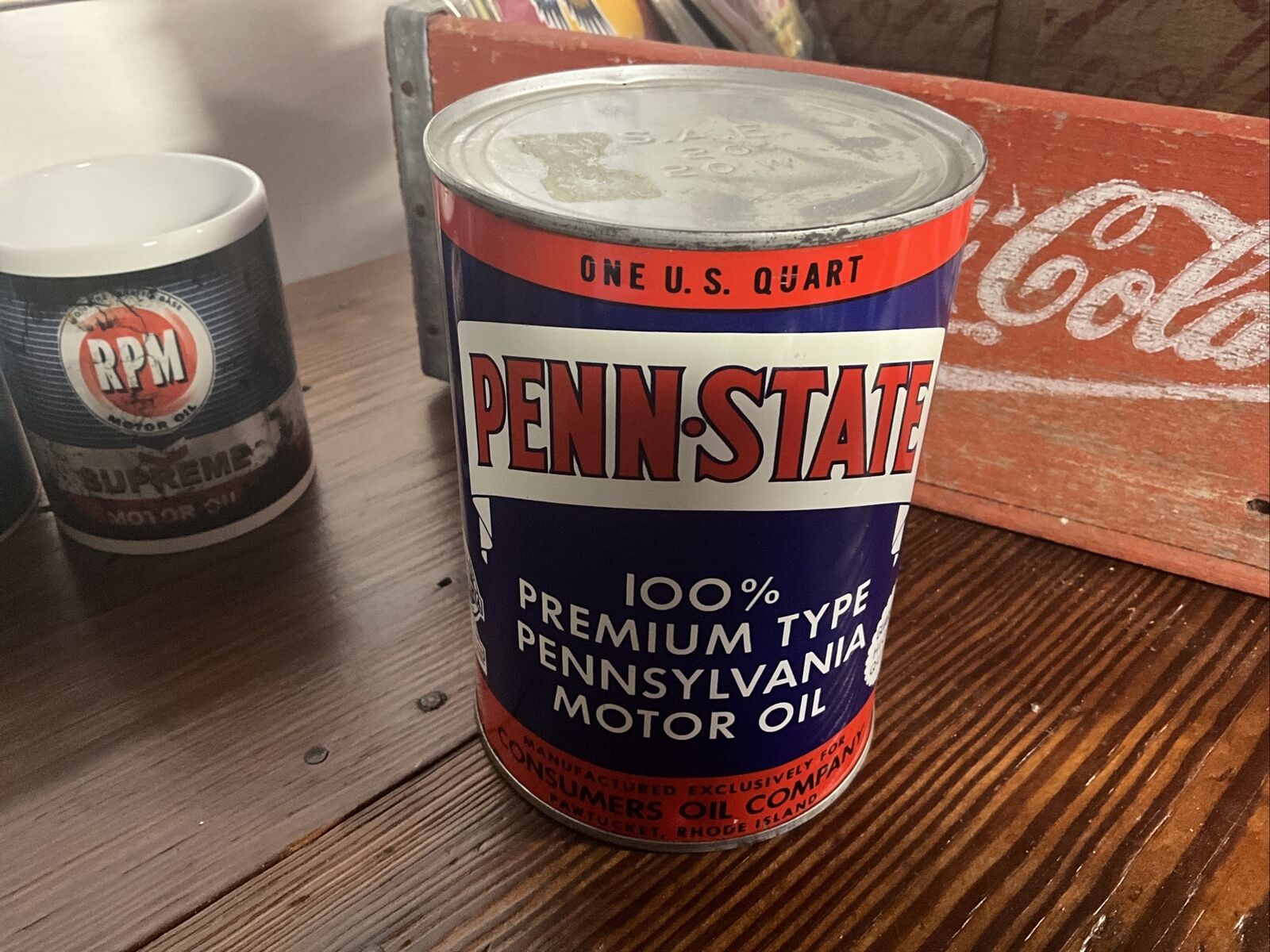 NOS Full Penn State Pennsylvania Premium Type Motor Oil Can Quart Consumers Oil 