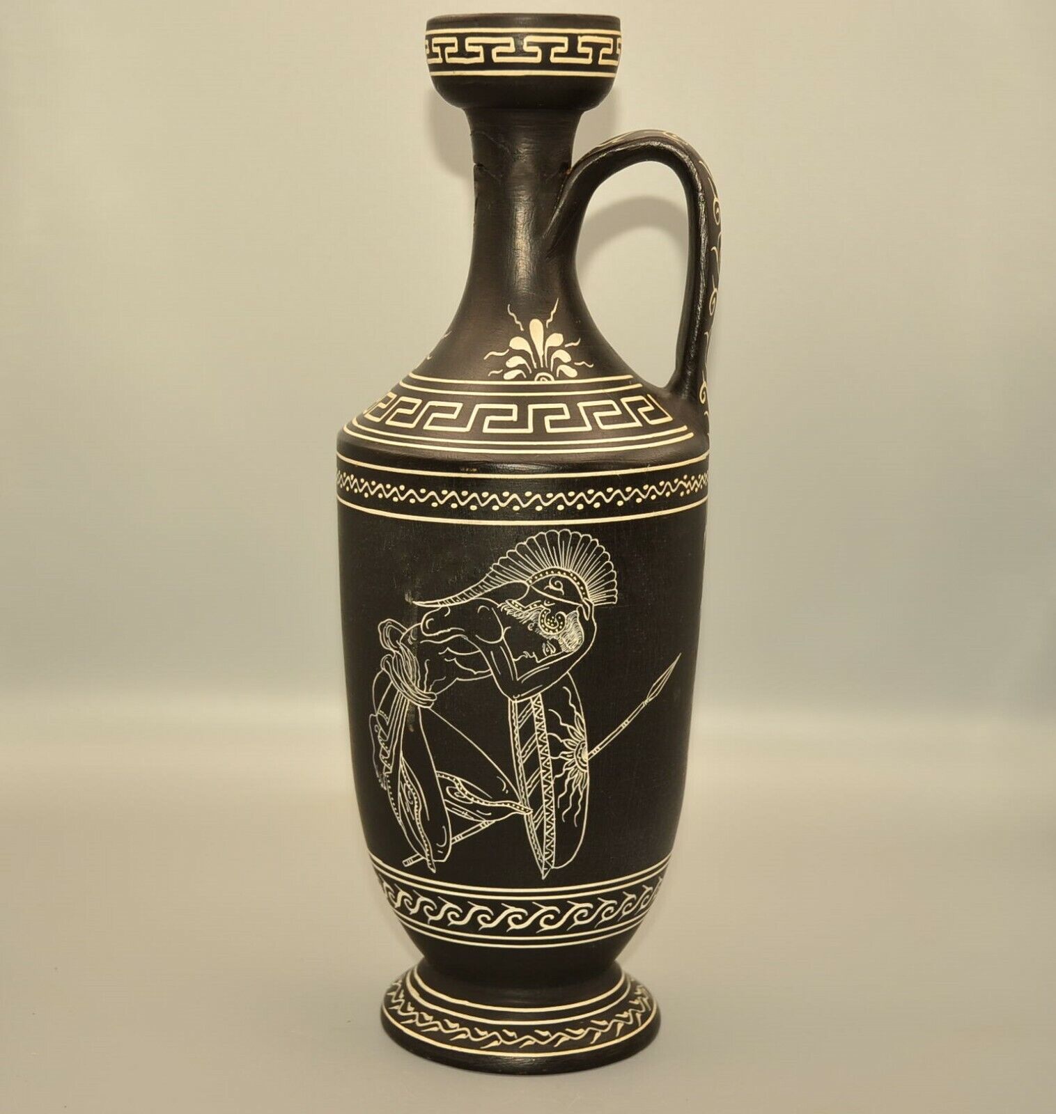 Antique Original Ancient Lekythos Greek Warrior Terracotta Vessel Oil Flask Vase