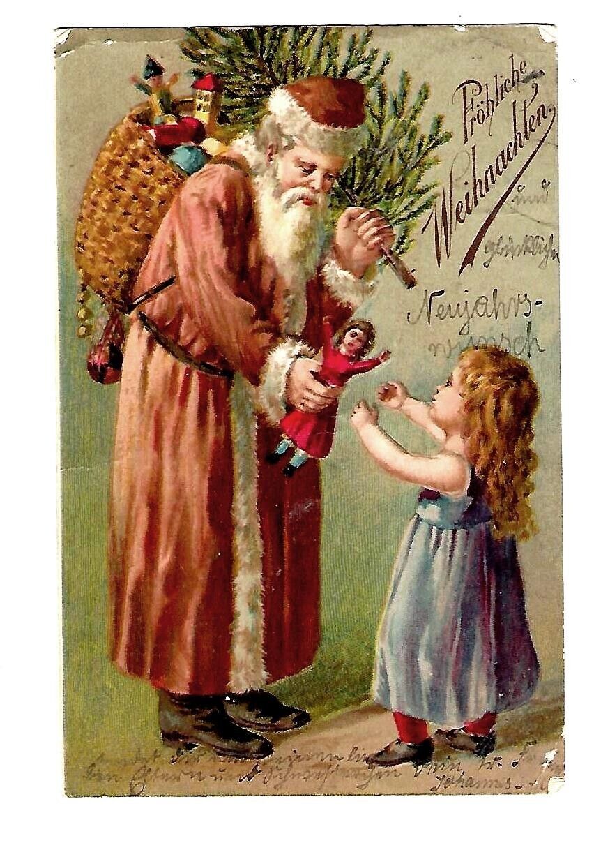 c1903 Christmas Postcard Old World Brown Robe Santa Handing Girl a Toy