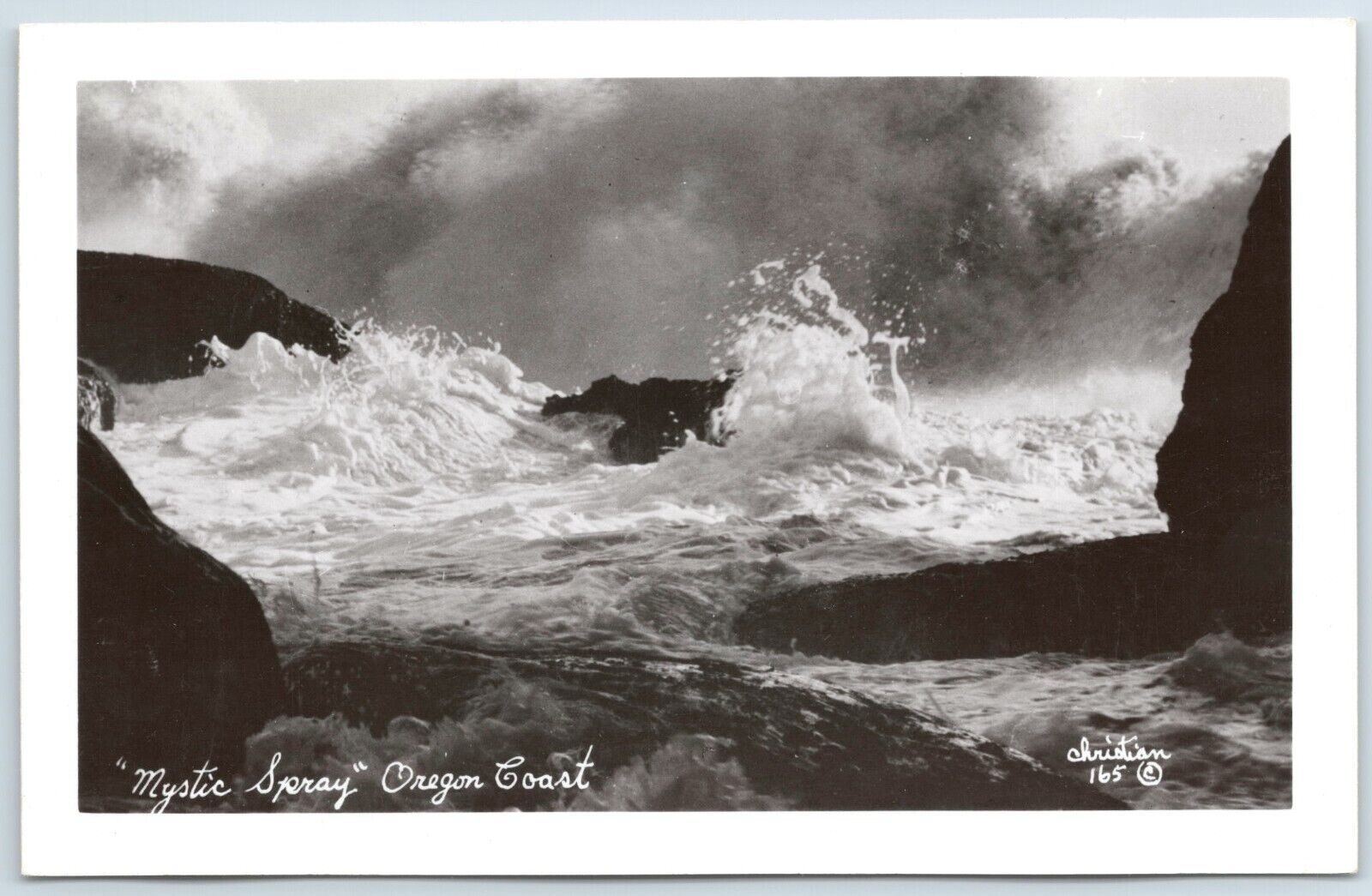 RPPC Mystic Spray Oregon Coast Artist Signed Christian unposted crashing waves