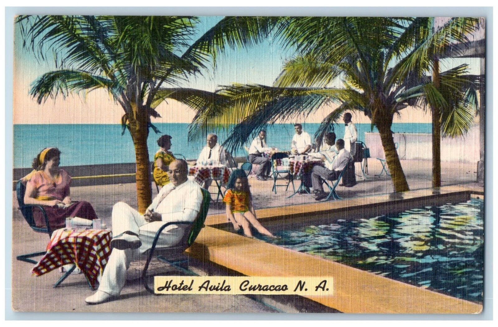 Curacao N.A. Postcard Hotel Avila Swimming Pool Beach Tables Chairs c1950's