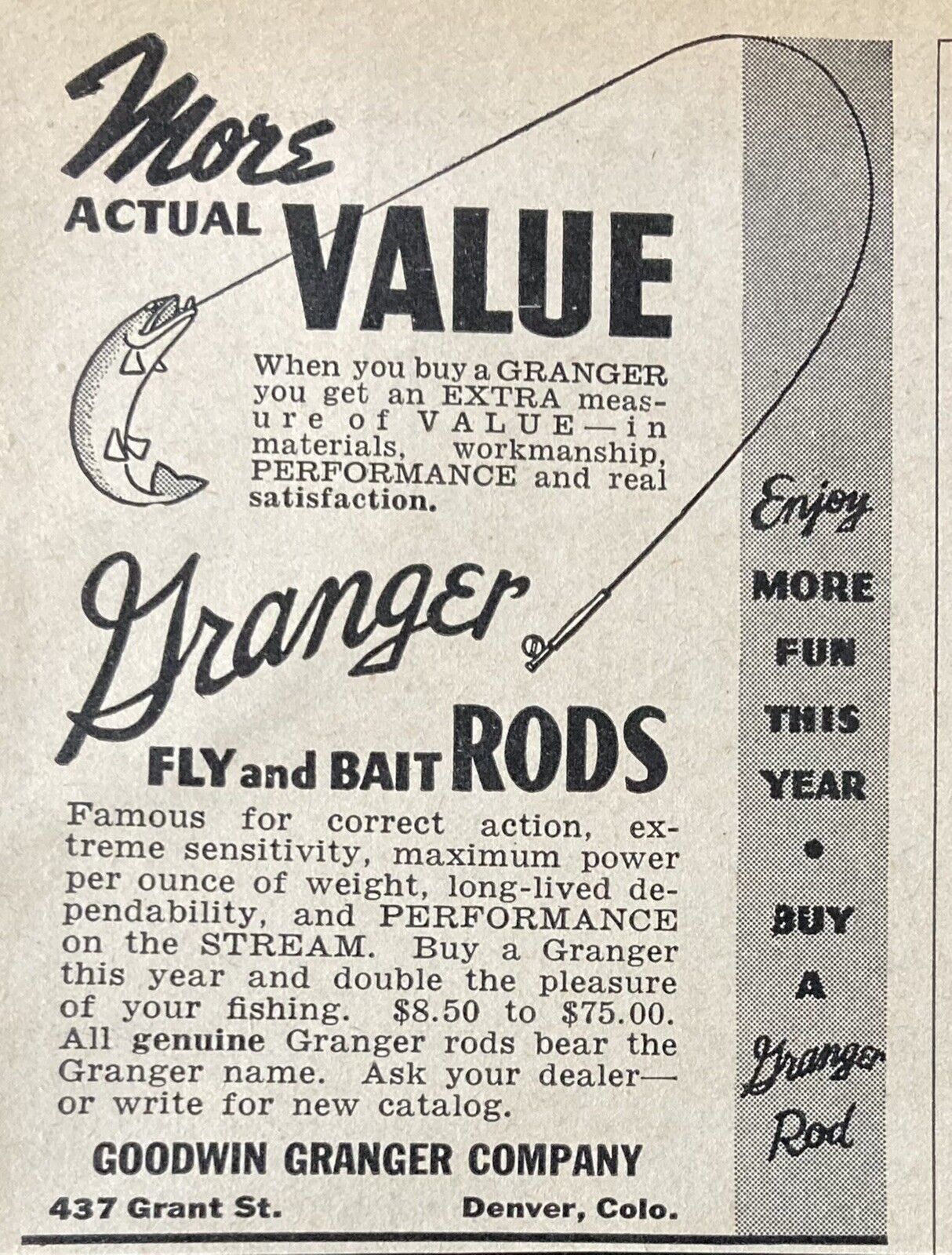 1939 AD.(XH3)~GOODWIN GRANGER CO. DENVER, CO. GRANGER FLY RODS AND BAIT