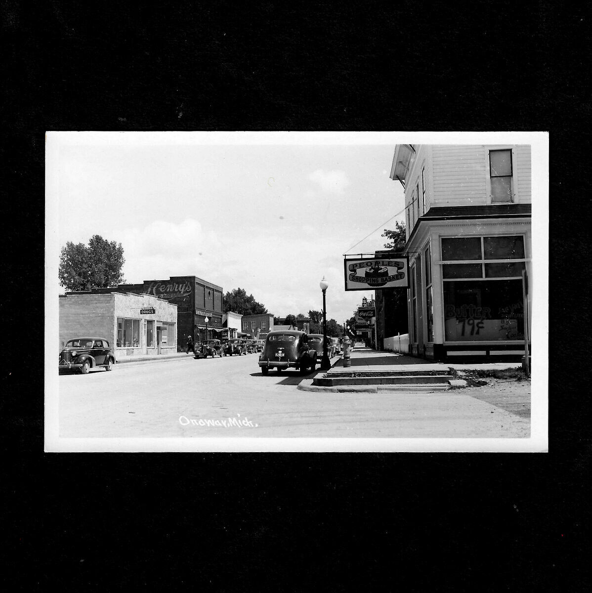 Vintage 1940\'s RPPC Onaway MI Street Real Photo Postcard Cafe Stores Old Cars