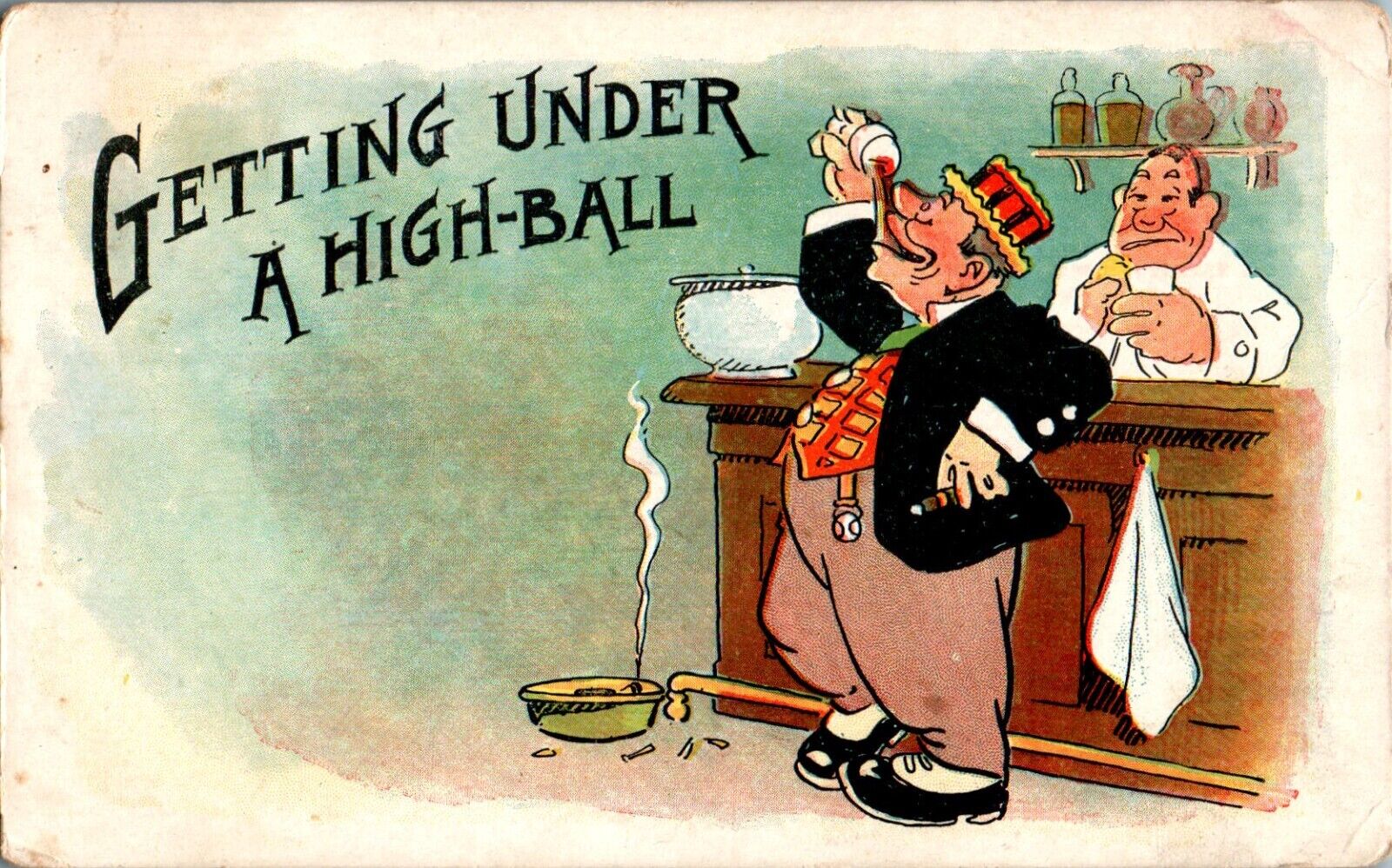 Getting Under a Highball, Drinking Humor 1908 Postcard