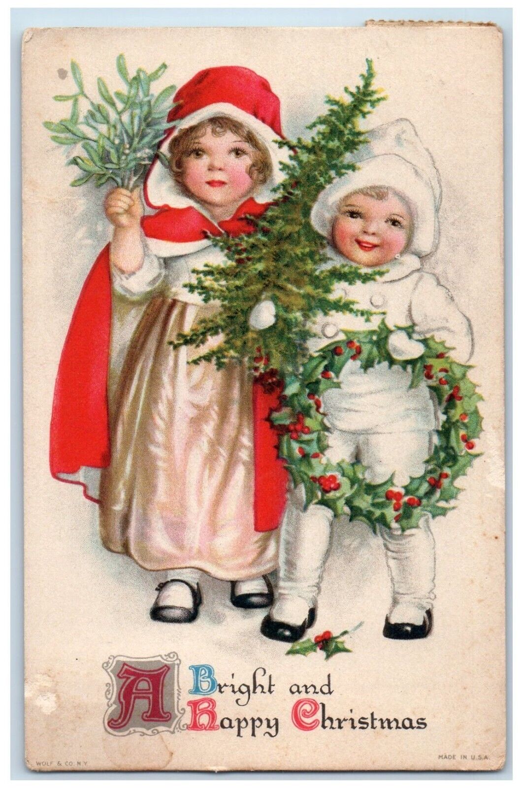 1924 Christmas Little Girls Holly Berries Whreat Wolf Posted Antique Postcard