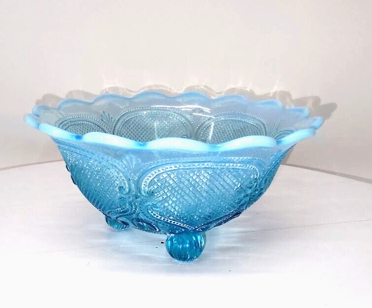 Vintage 1905 H. Northwood & Co. Blue Opalescent Glass Round Footed Nut Dish