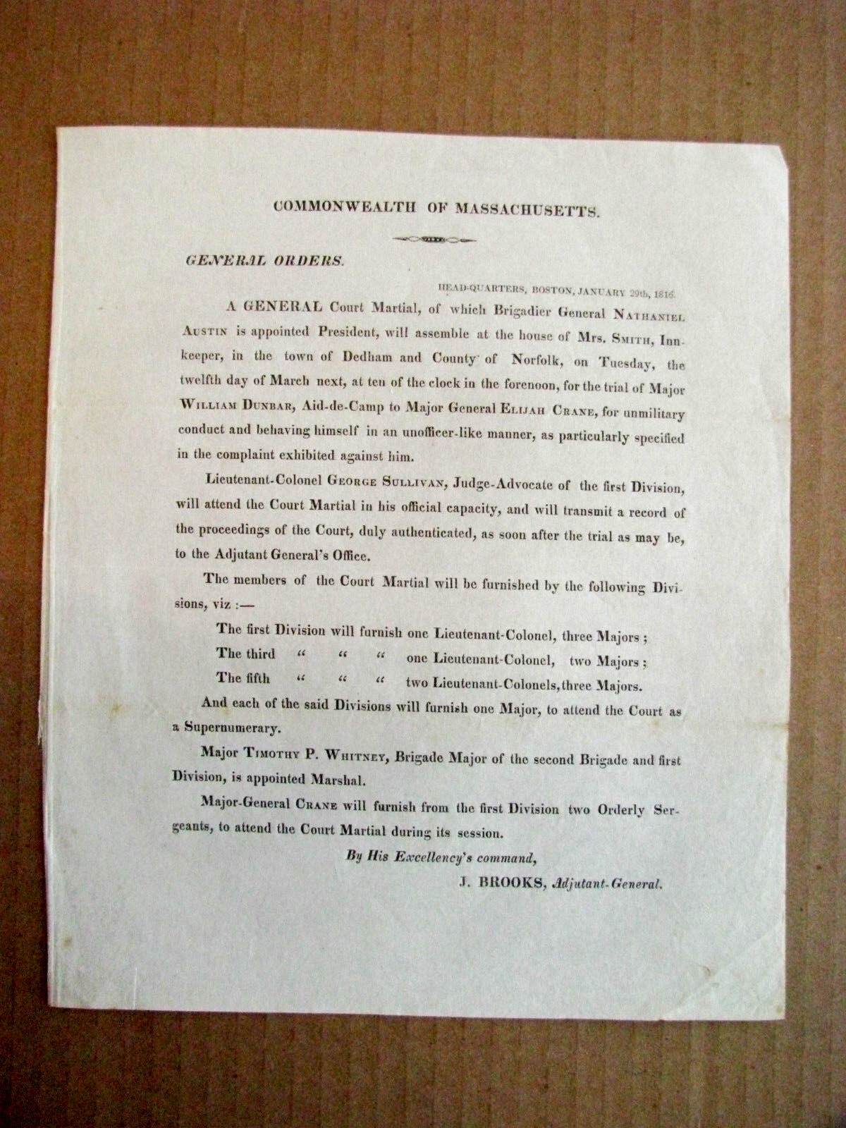 DEDHAM MASSACHUSETTS BROADSIDE OFFICER COURTMARTIAL ORDER 1816