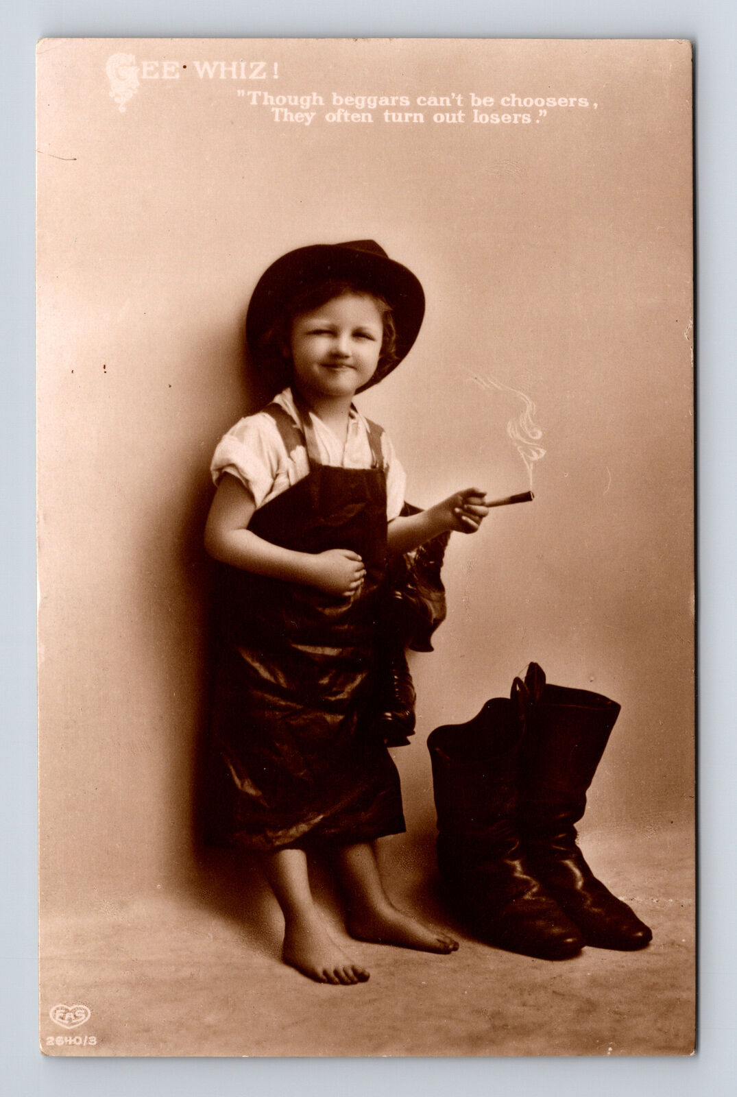 c1912 RPPC EAS Studio Portrait Young Tom Girl Smoking in Overalls Postcard
