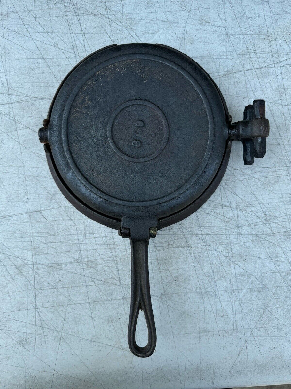 Cast Iron Waffle Maker, Circa 1800s, Flip Flop Style, Size 8/9, Low Base, 2-pc