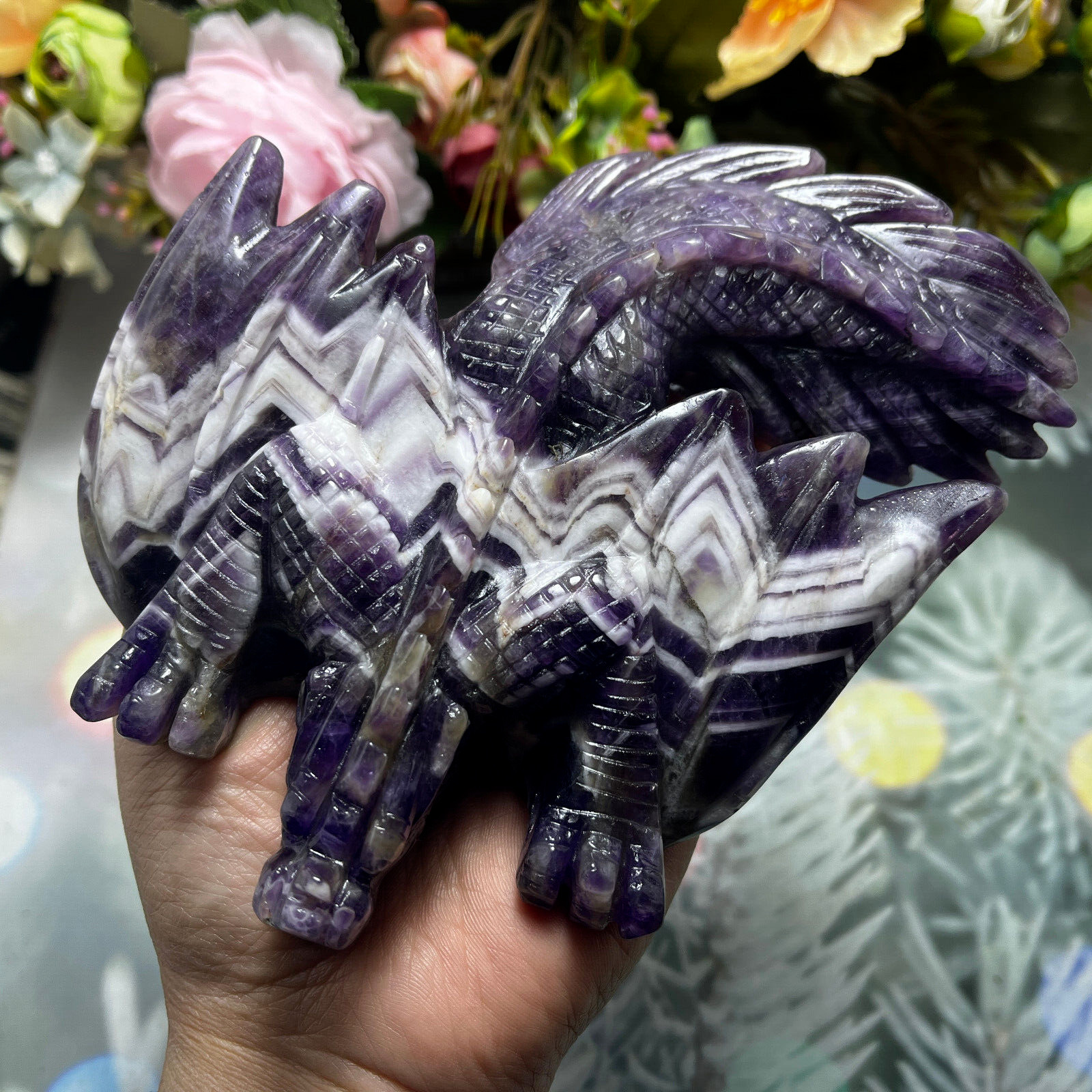 Natural dream amethys quartz hand carved crystal fly dragon gem reiki healing