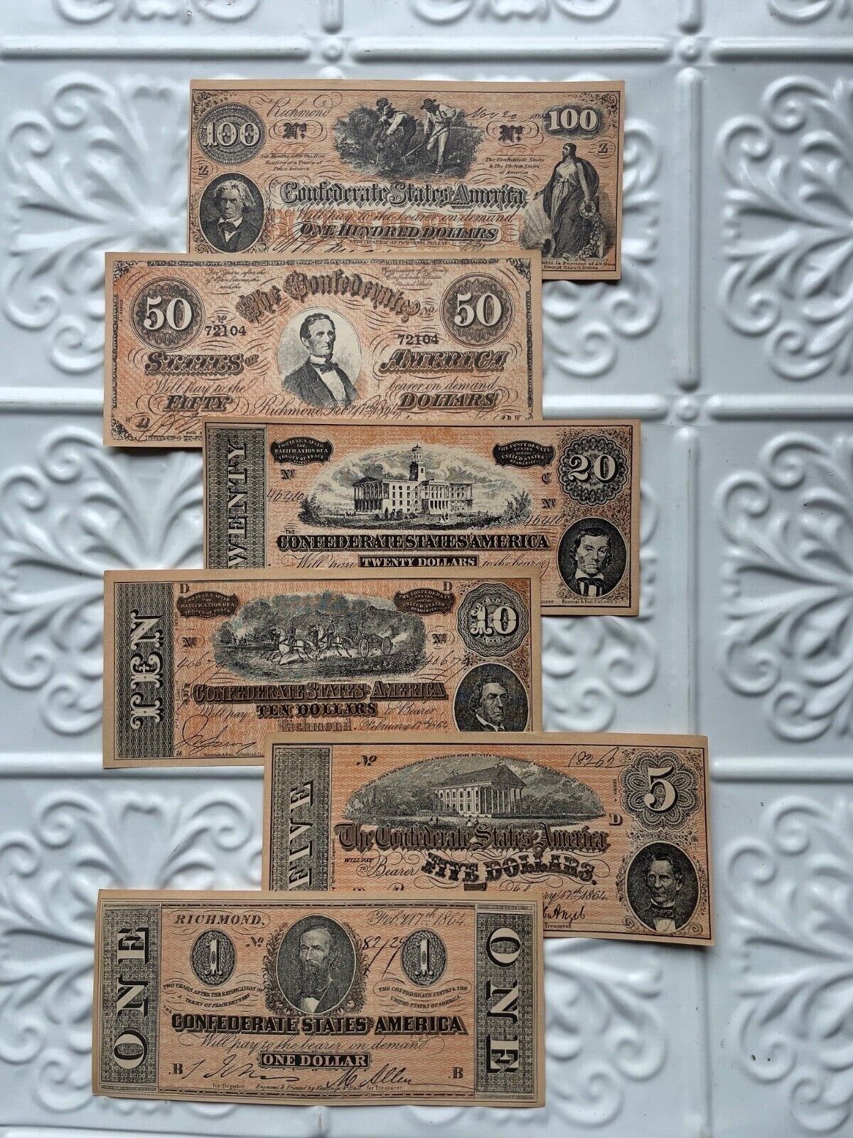 Confederate Currency Civil War Reproduction Bills $1 $5 $10 $20 $50 $100 Money 