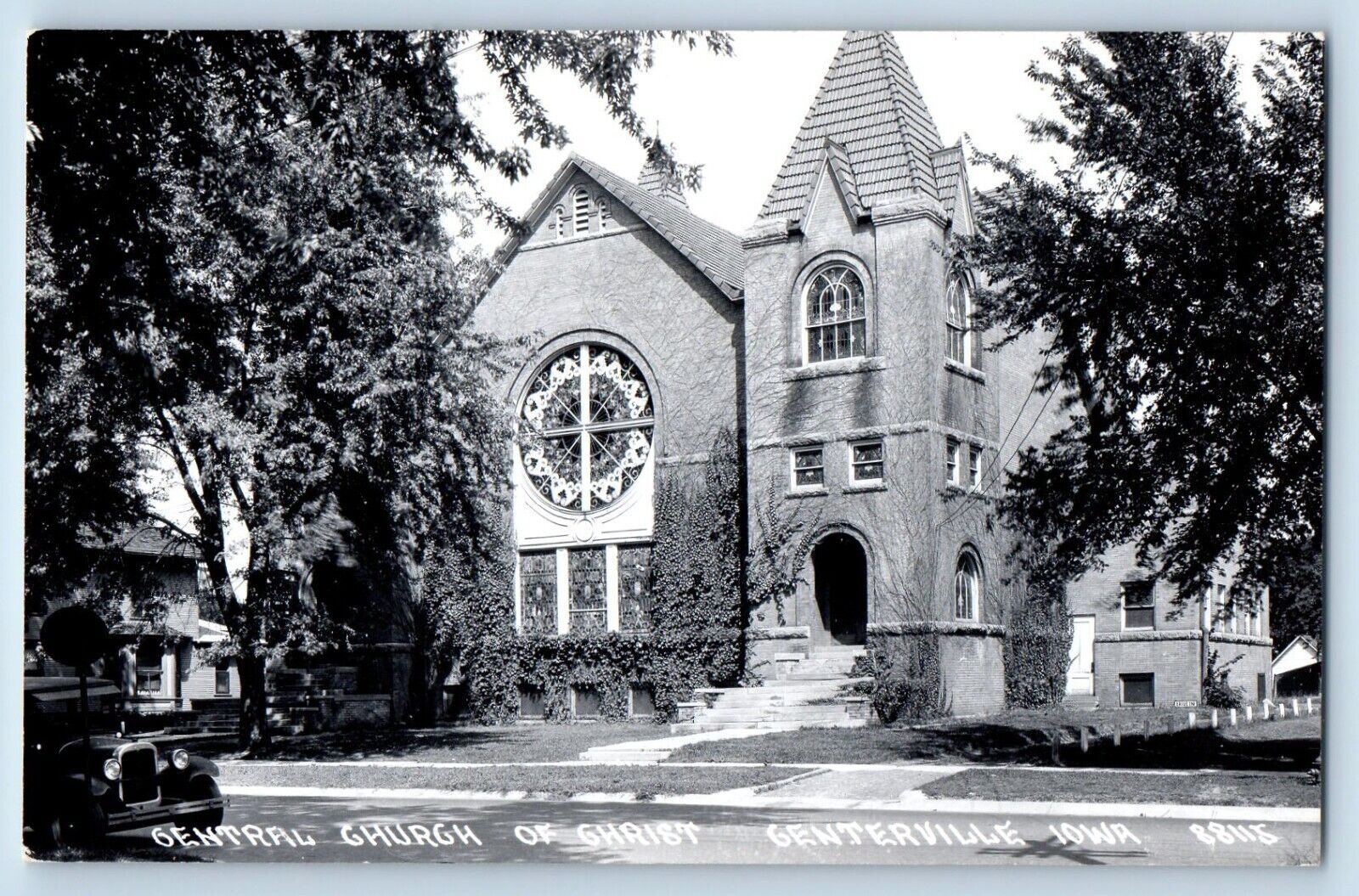 Centerville Iowa IA Postcard RPPC Photo Central Church Of Christ Car c1950's