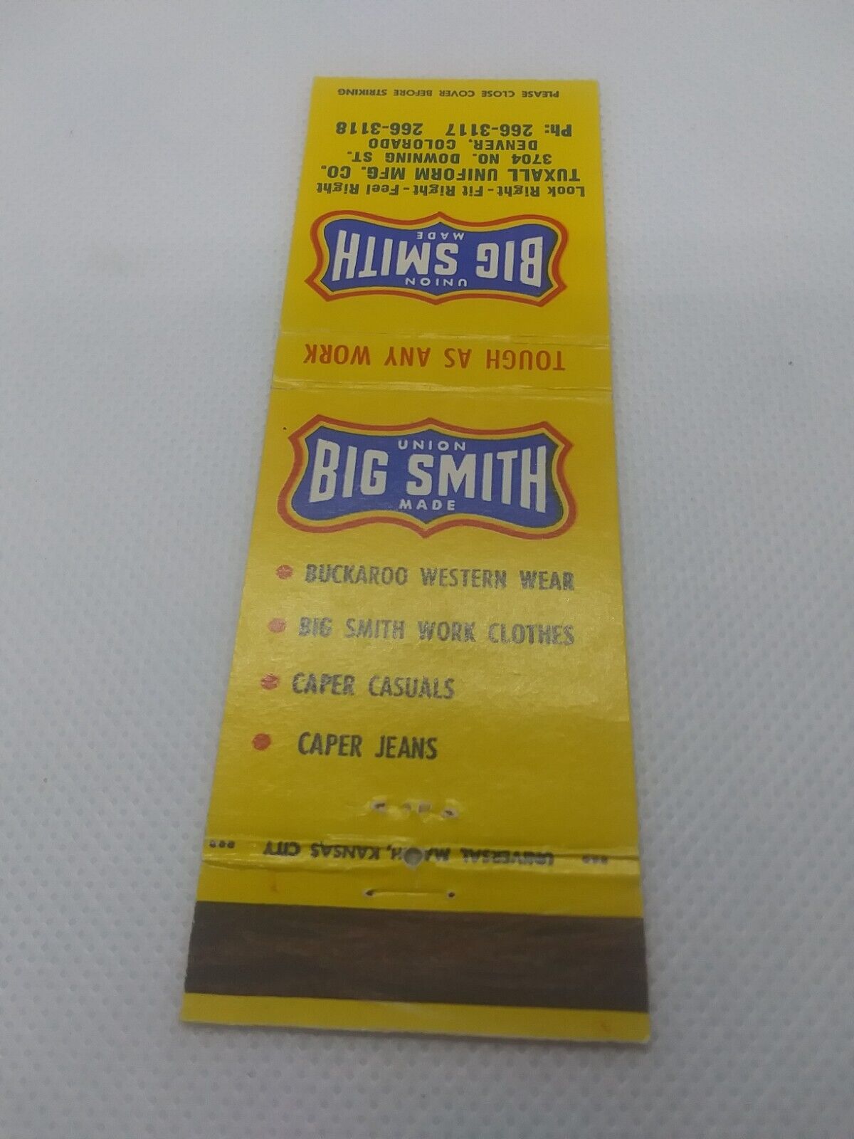 Vintage Big Smith Union Made Tough As You Work Denver Colorado Matchbook