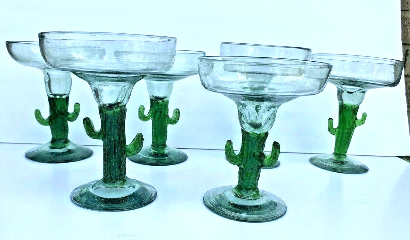 6 LARGE HANDCRAFTED GREEN CACTUS STEM MARGARITA GLASSES