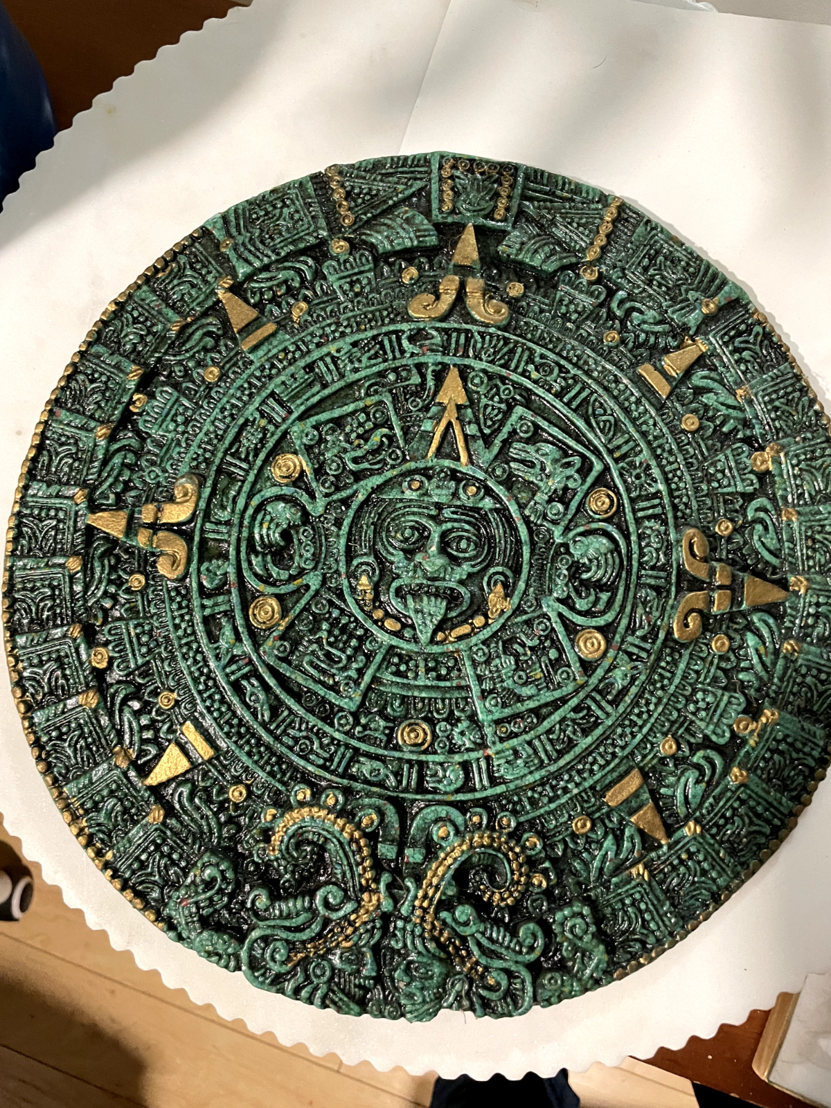 Vintage Aztec Sun Wall Calendar Green Crushed Malachite Stone Mayan Mexican 12