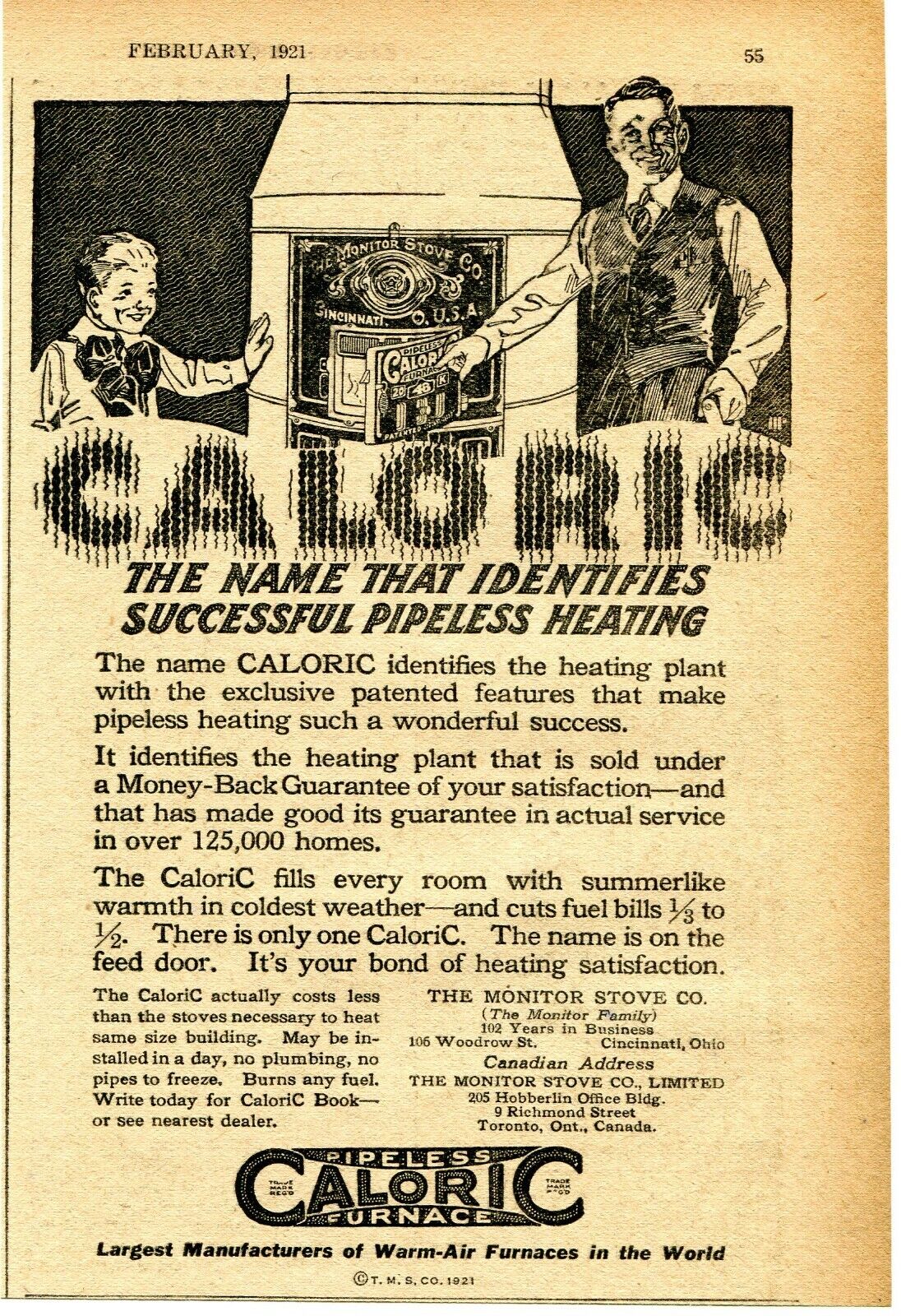 1921 small Print Ad of The Monitor Stove Co Caloric Pipeless Furnace
