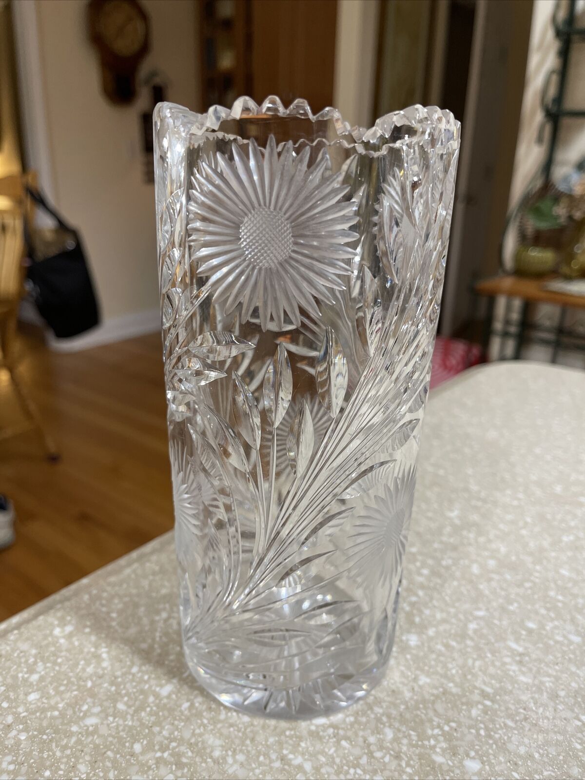 Bohemian Cut Crystal Czech Vase w Scalloped Edge Etched Floral