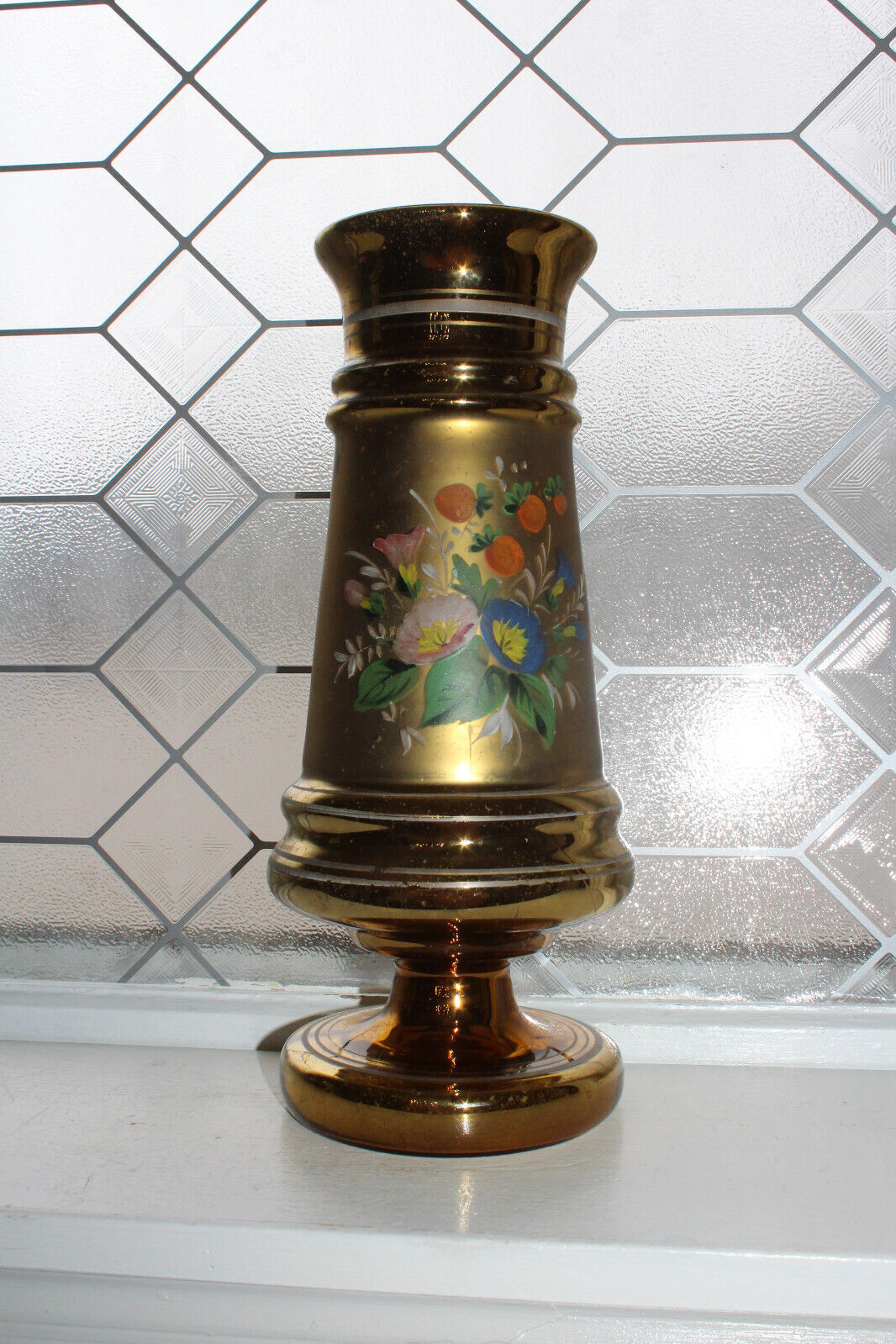 Large Antique Gold Mercury Glass Vase with Hand Painted Flowers