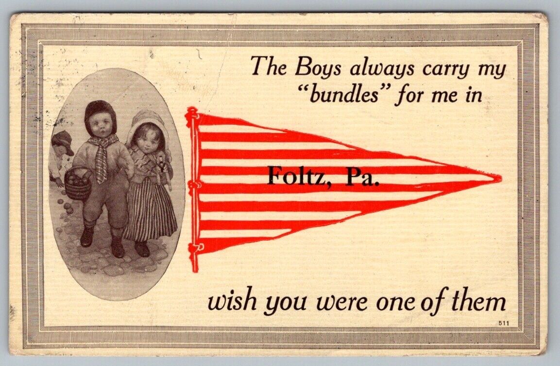 Postcard Foltz Pennsylvania Boys Always Carry My Bundles For Me c1912 Pennant