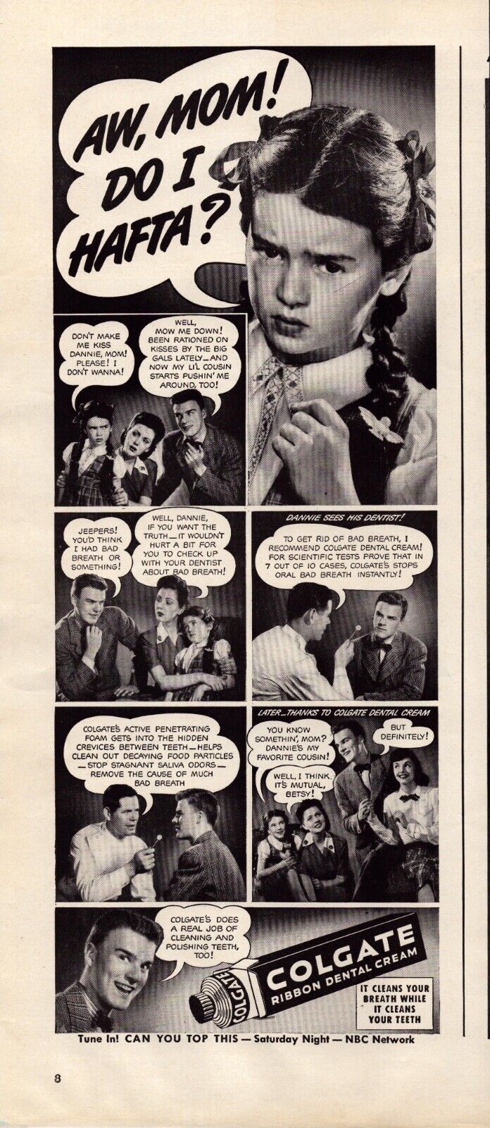 Print Advertisement 1943 Colgate Ribbon Dental Cream Breath Freshener WWII Era