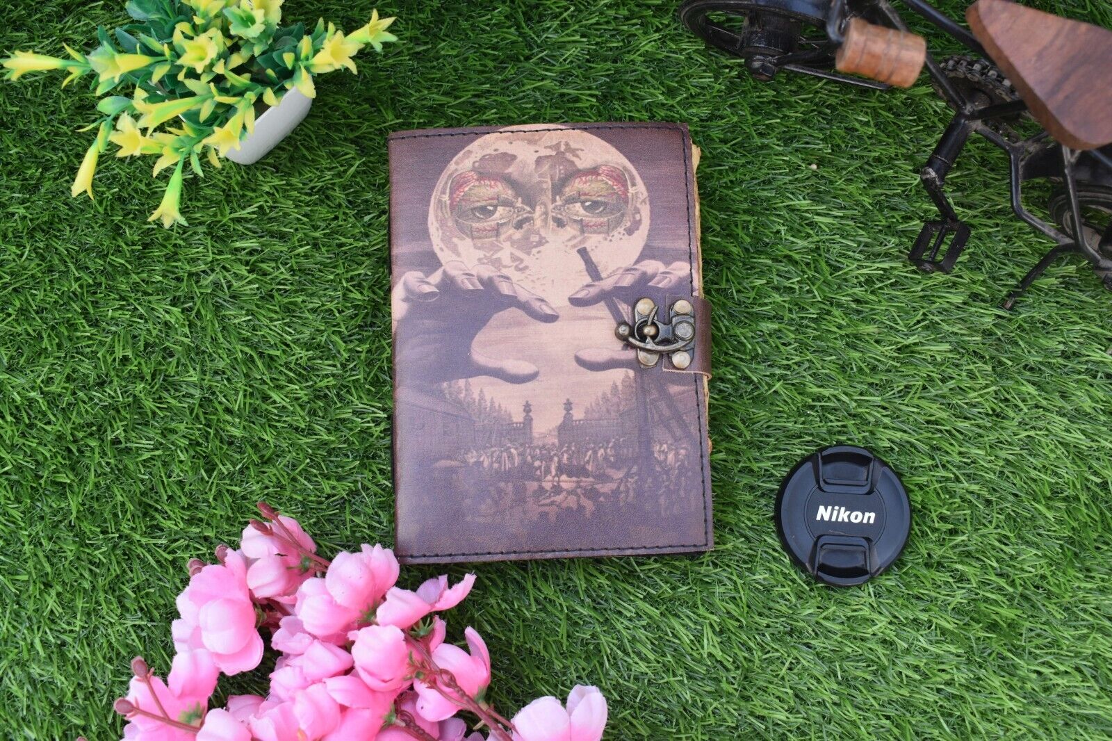 Wicca Moon Magic Witchcraft printed leather journal Deckle edge notebook 7x5