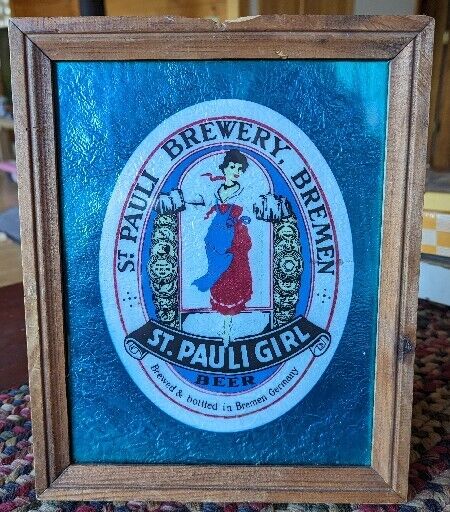 St. Pauli Girl VINTAGE RARE Reverse Painted Mirror Holographic Sign Brewery