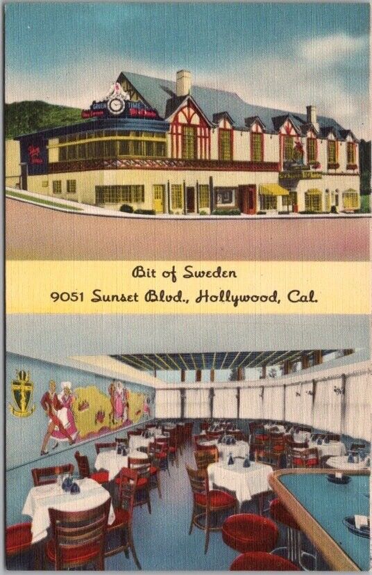 c1940s HOLLYWOOD, California Linen Postcard BIT OF SWEDEN RESTAURANT Smorgasbord