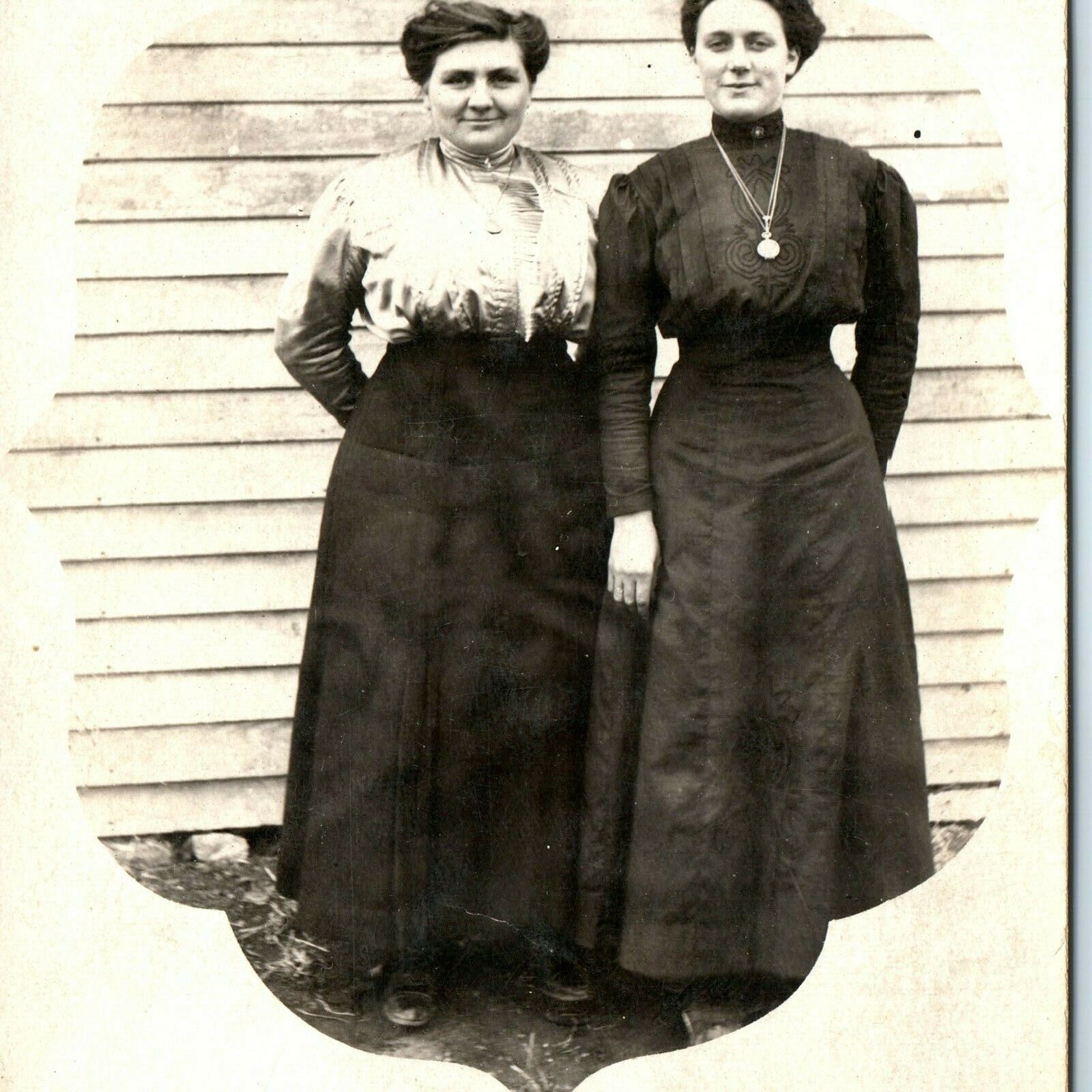 c1910s Two Cute Young Women Ladies Dresses RPPC Real Photo Postcard Border A36