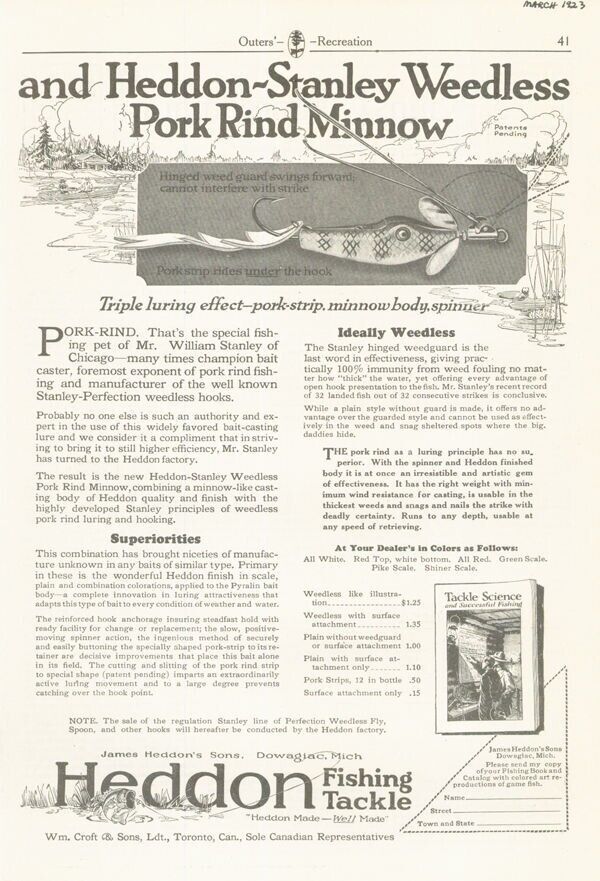 1923 JAMES HEDDON FISHING TACKLE LURE PORK RIND MINNOW DOWAGIAC SPORT 17657