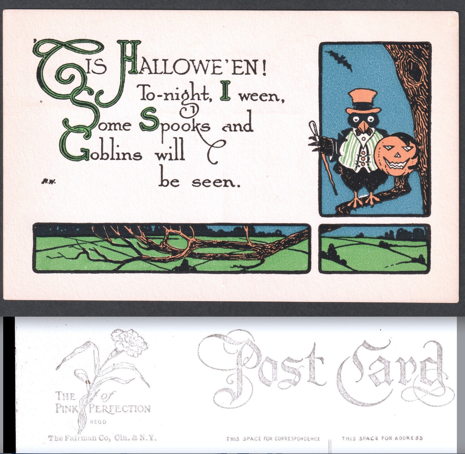 RARE = Tis Halloween Gibson Pink of Perfection 6947 GA19 Spooks Goblin PostCard