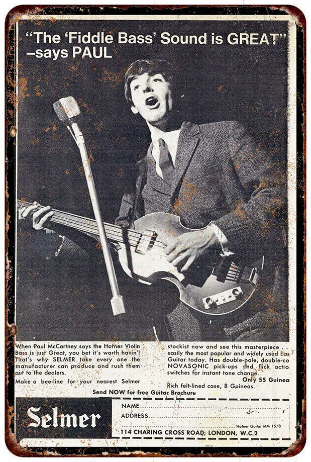 1964 Paul McCartney for Hofner Bass Guitar Vintage Look Reproduction metal sign