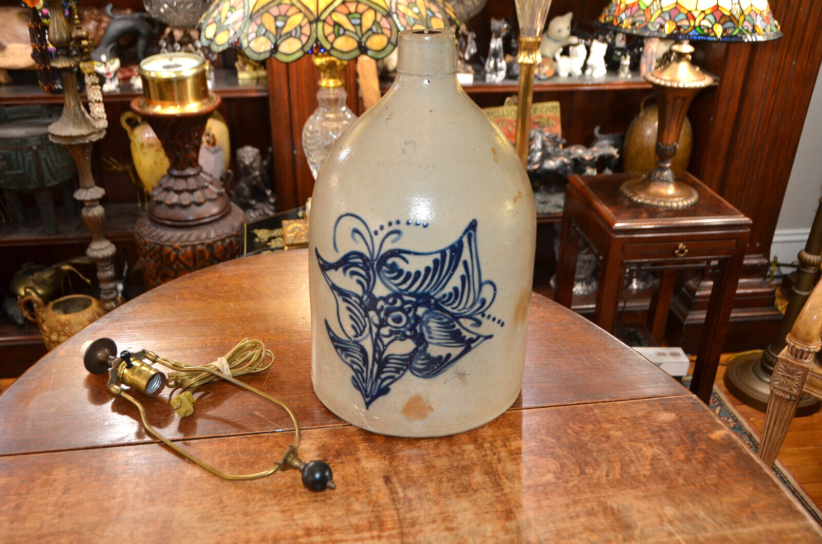 Whites Utica N.Y. Antique 1870 Stoneware #3 Jug 3 gallon Cobalt Orchids (Lamp)