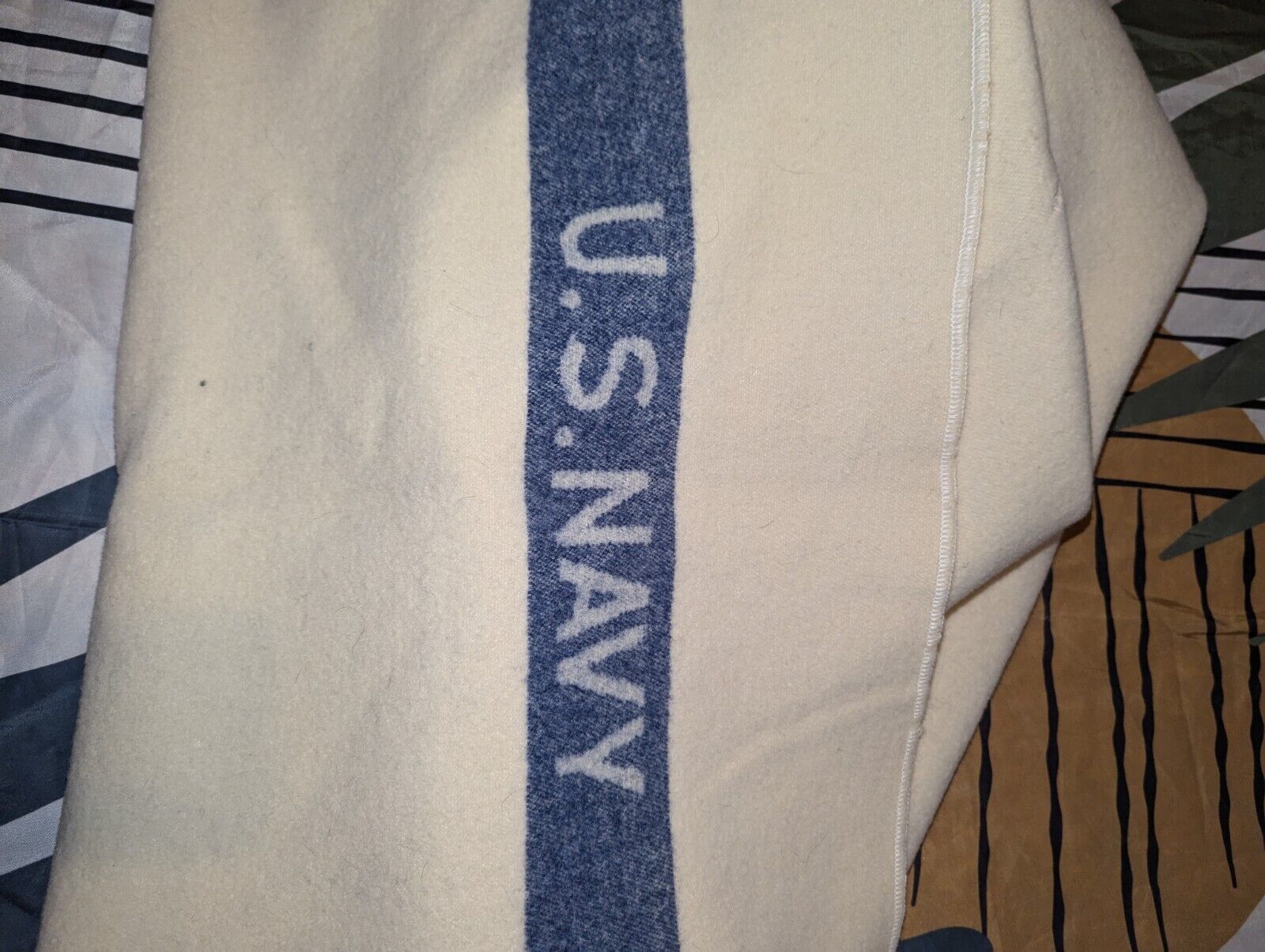 Vintage USN US Navy Wool Blanket Cream Blue WWII Military USA  
