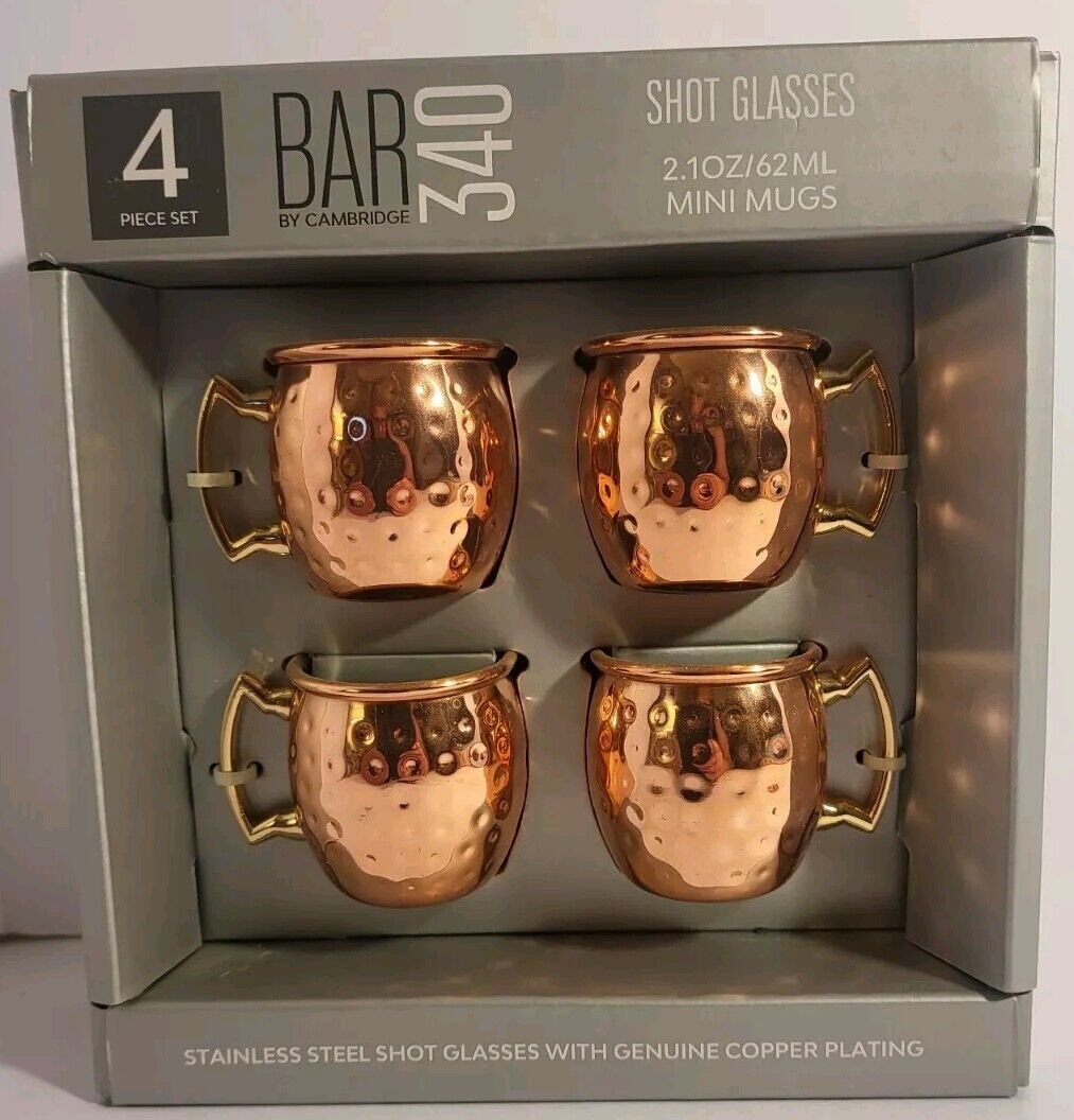 Set Of 4 Stainless Steel W/ Copper Plating Shot Glasses- Brand New In Box