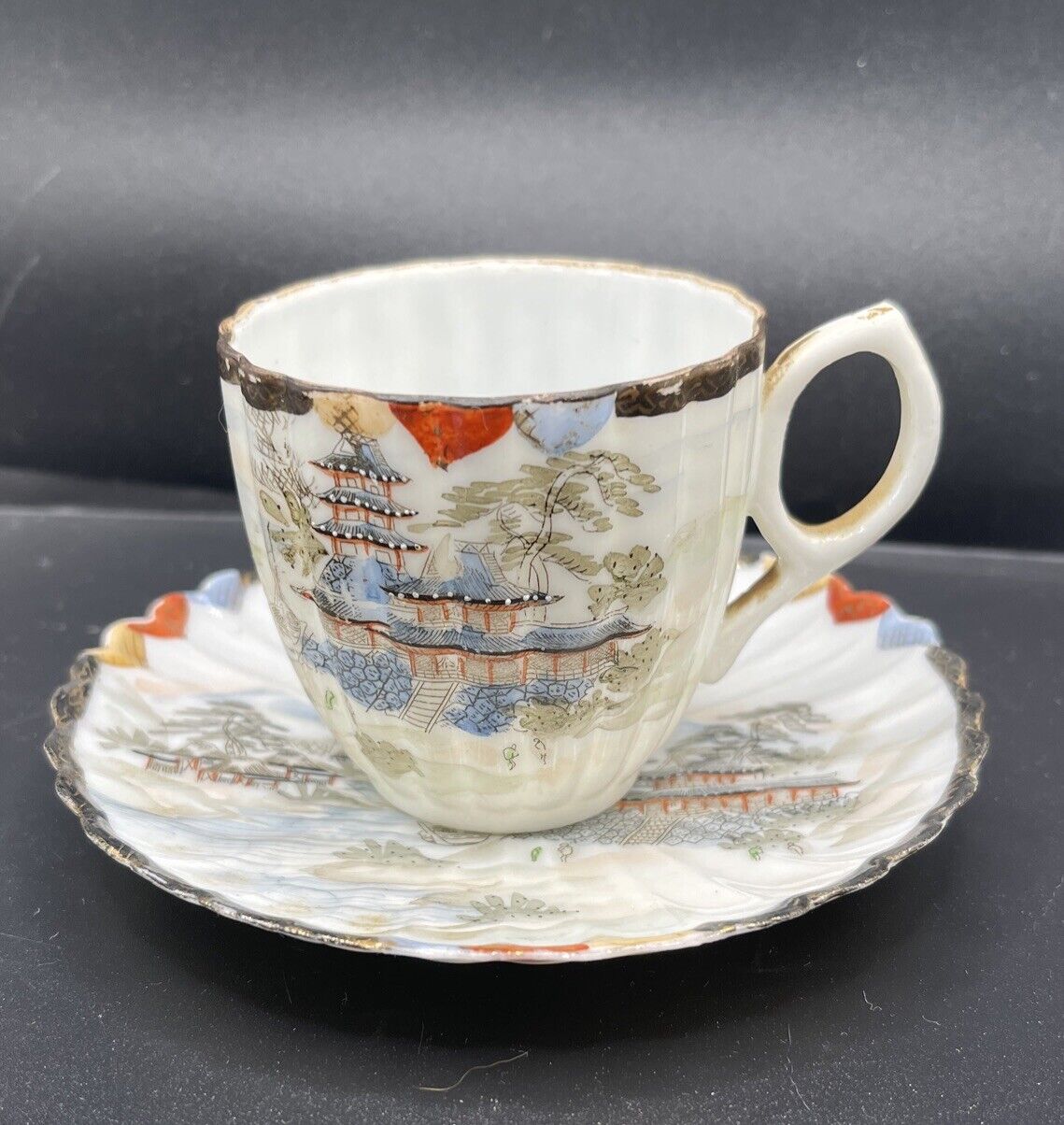 Antique Hand Painted Teacup and Saucer Japan Pagoda Scene Delicate Small