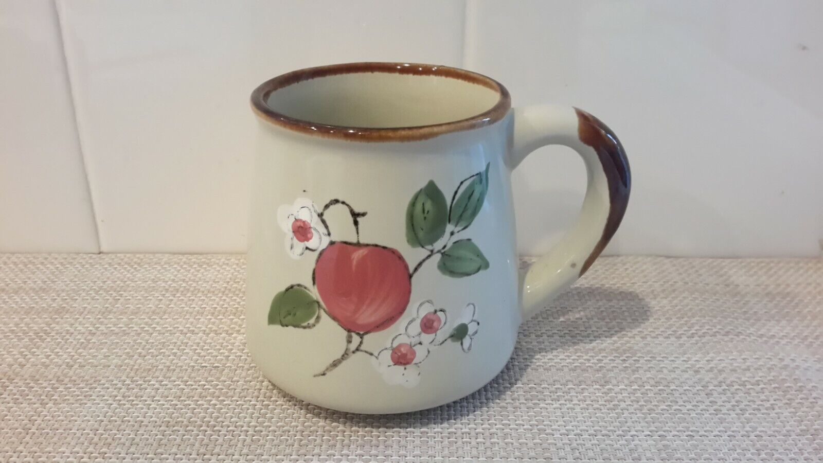 Vintage Blossom Fruit Tree Pottery Stoneware Coffee Mug Beige Brown Trim EUC