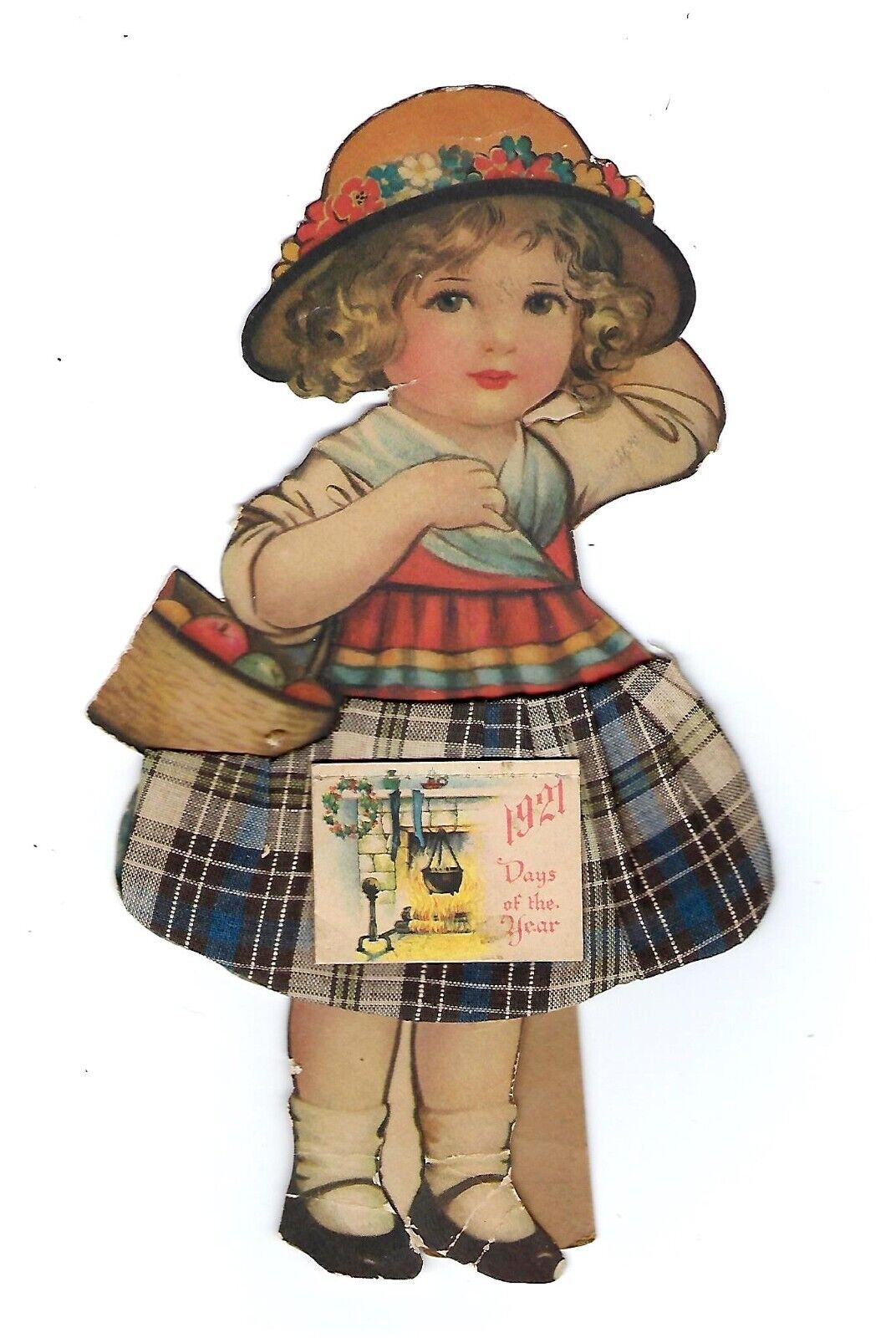 c1921 Die Cut Calendar Girl, Real Fabric Skirt, Young Girl & Basket of Fruit