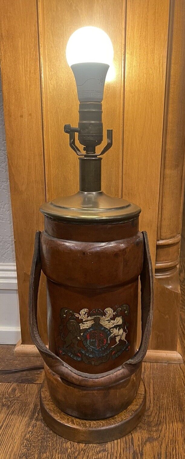 ANTIQUE LEATHER CORDITE LAMP ENGLISH GUNPOWDER BUCKET BRITISH COAT OF ARMS